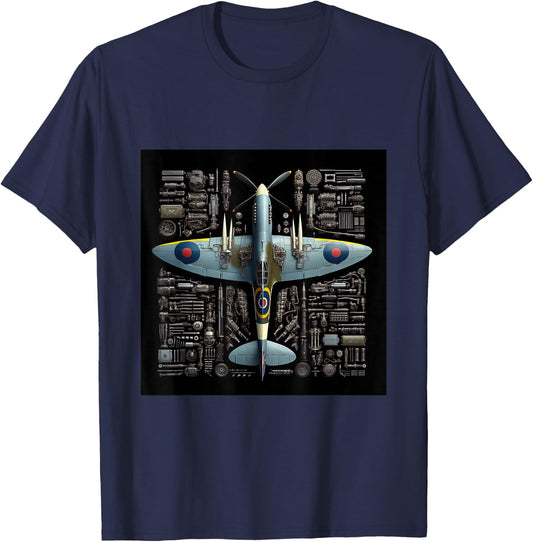 WW2 Warplane Spitfire Anatomy Assembly Parts Blueprint T-Shirt - T-Shirt | Navy