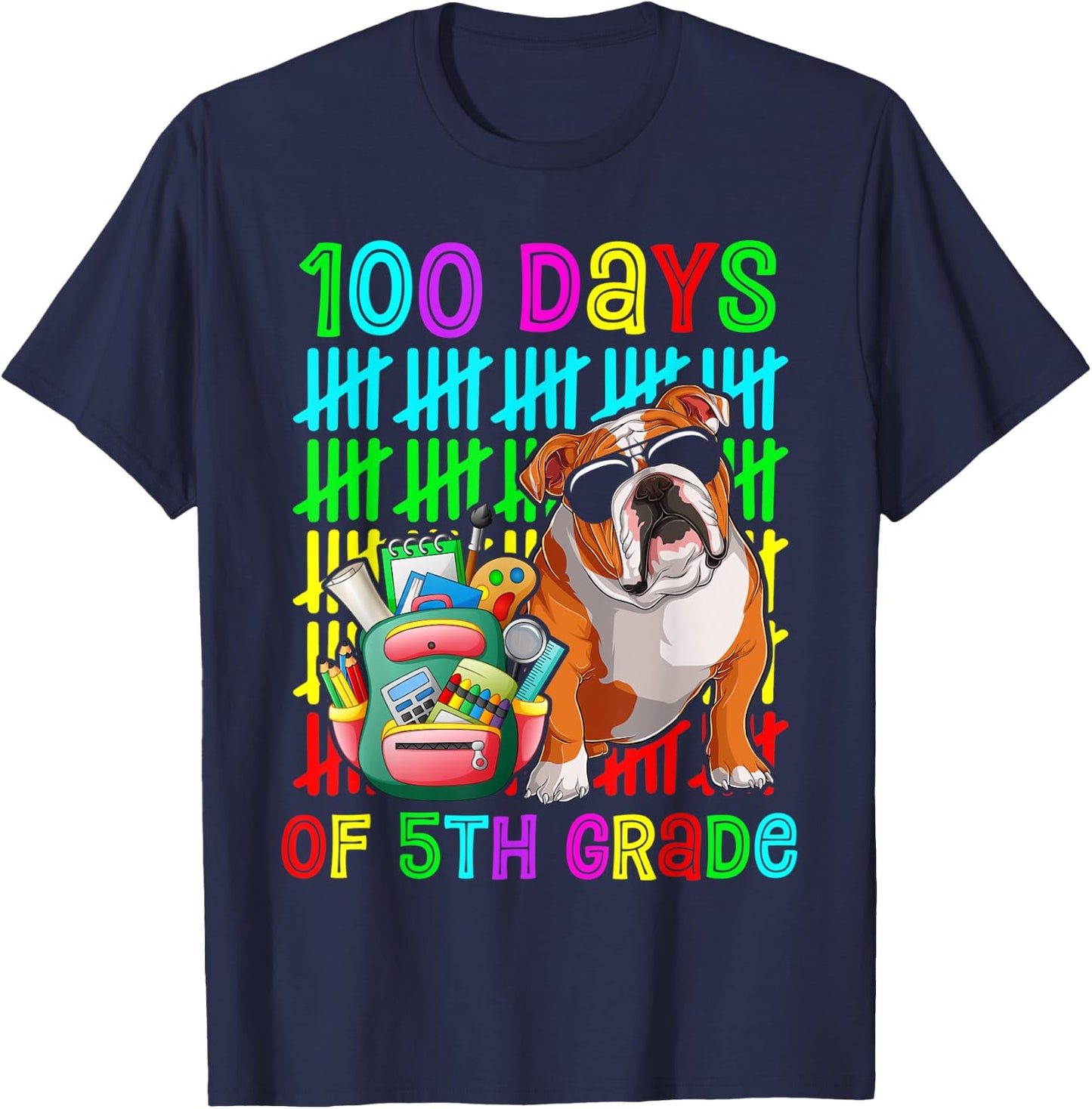 100th Day Of 5th Grade Boys Kids English Bulldog Dog Lovers T-Shirt - T-Shirt | Navy