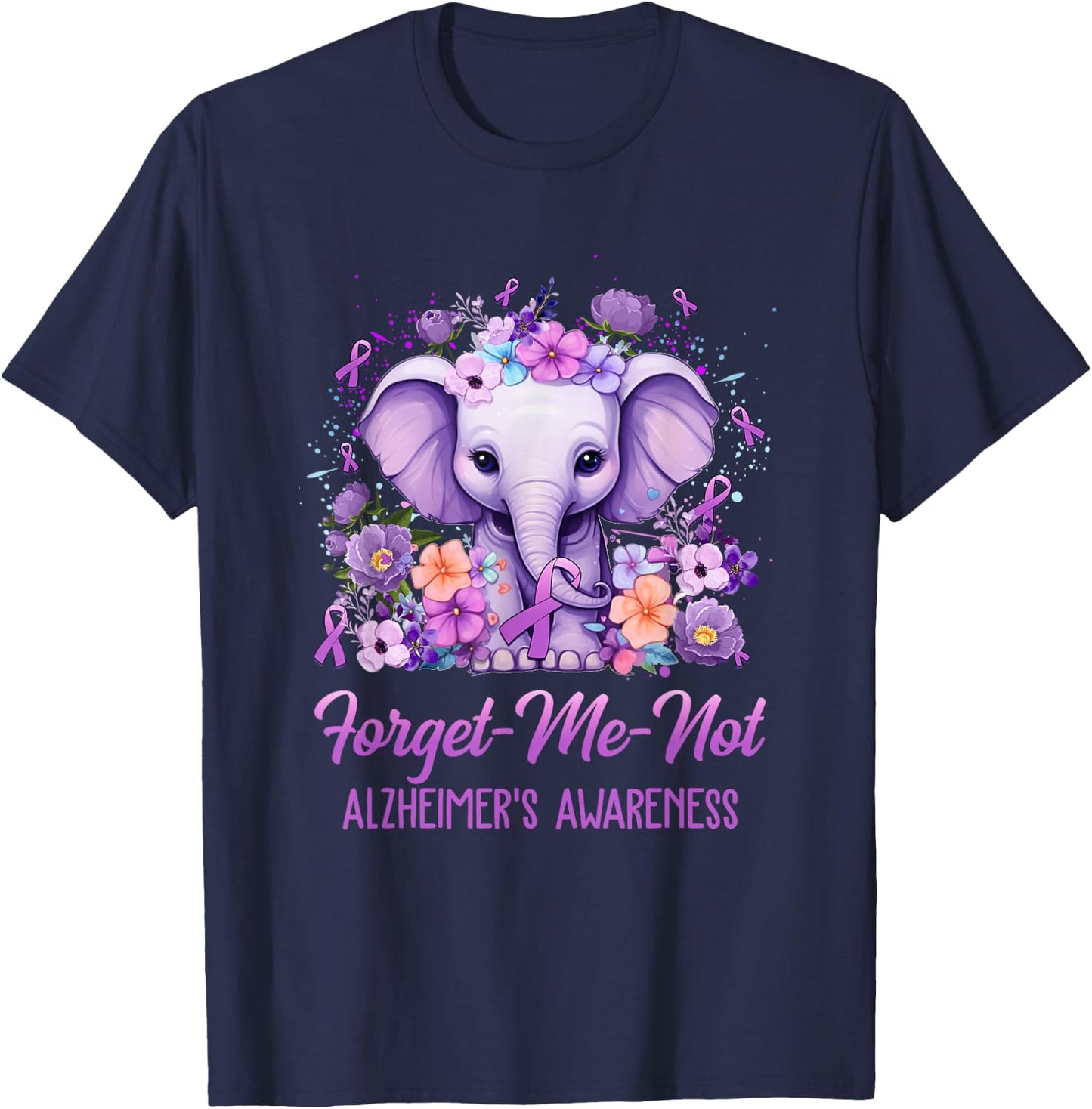 Forget Me Not Alzheimer's Awareness Month Elephant Flower T-Shirt - T-Shirt | Navy