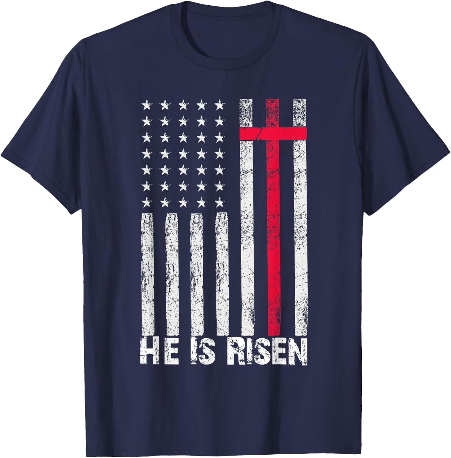 He is Risen American Flag Cross Vintage Happy Easter T-Shirt - T-Shirt | Navy