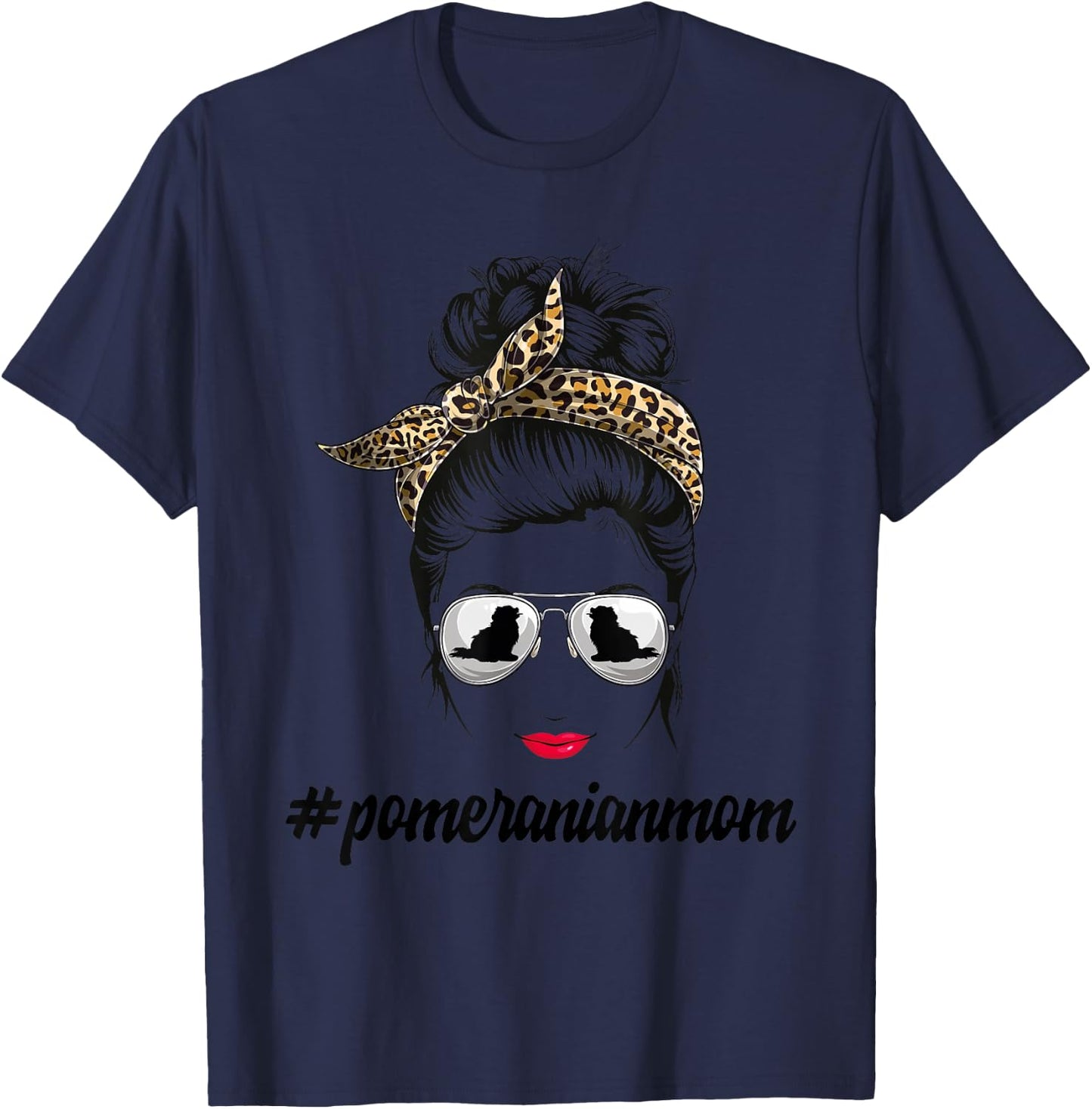 Pomeranian Dog Mom Messy Bun Leopard Women Puppy Pet Lover T-Shirt - T-Shirt | Navy