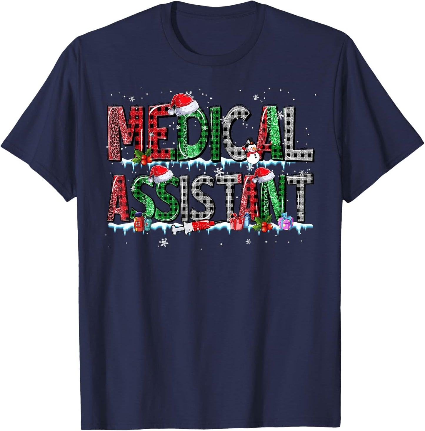 Medical Assistant Santa Hat Buffalo Plaid Christmas Gifts T-Shirt - T-Shirt | Navy