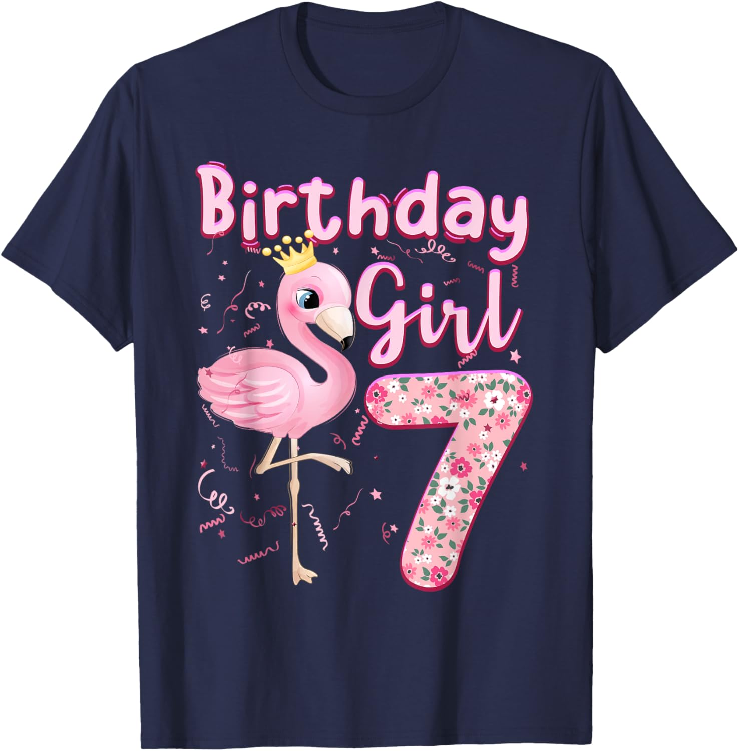 7th Birthday Girls Flamingo 7 Years Old Tropical Flamingo T-Shirt - T-Shirt | Navy