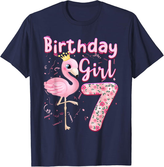 7th Birthday Girls Flamingo 7 Years Old Tropical Flamingo T-Shirt - T-Shirt | Navy