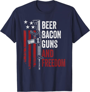 BEER BACON GUNS & FREEDOM - Funny BBQ Gun USA Flag Drinking T-Shirt - T-Shirt | Navy