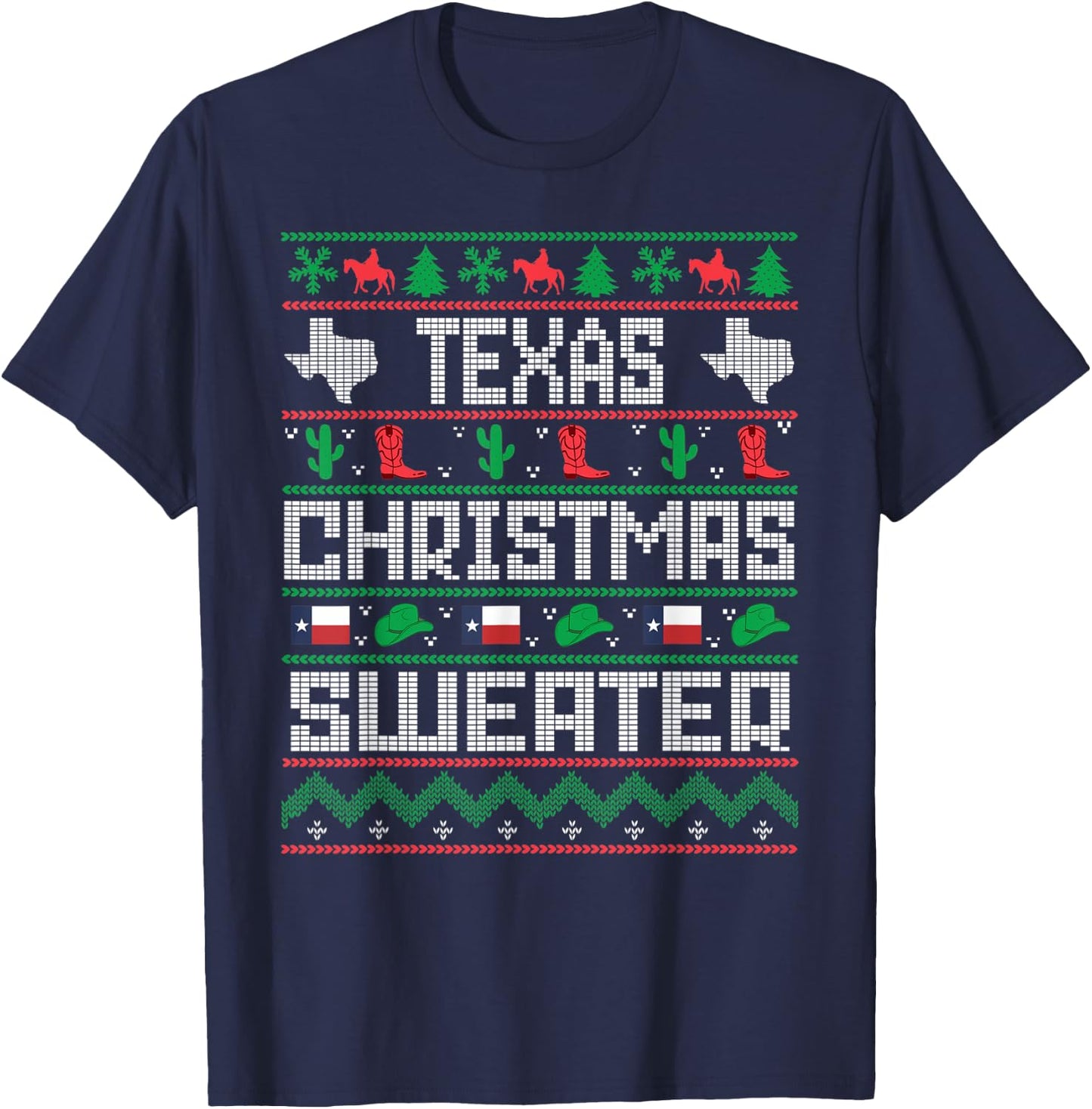 Texas Christmas Sweater Tacky Ugly Cowboy Texas Sweater T-Shirt - T-Shirt | Navy