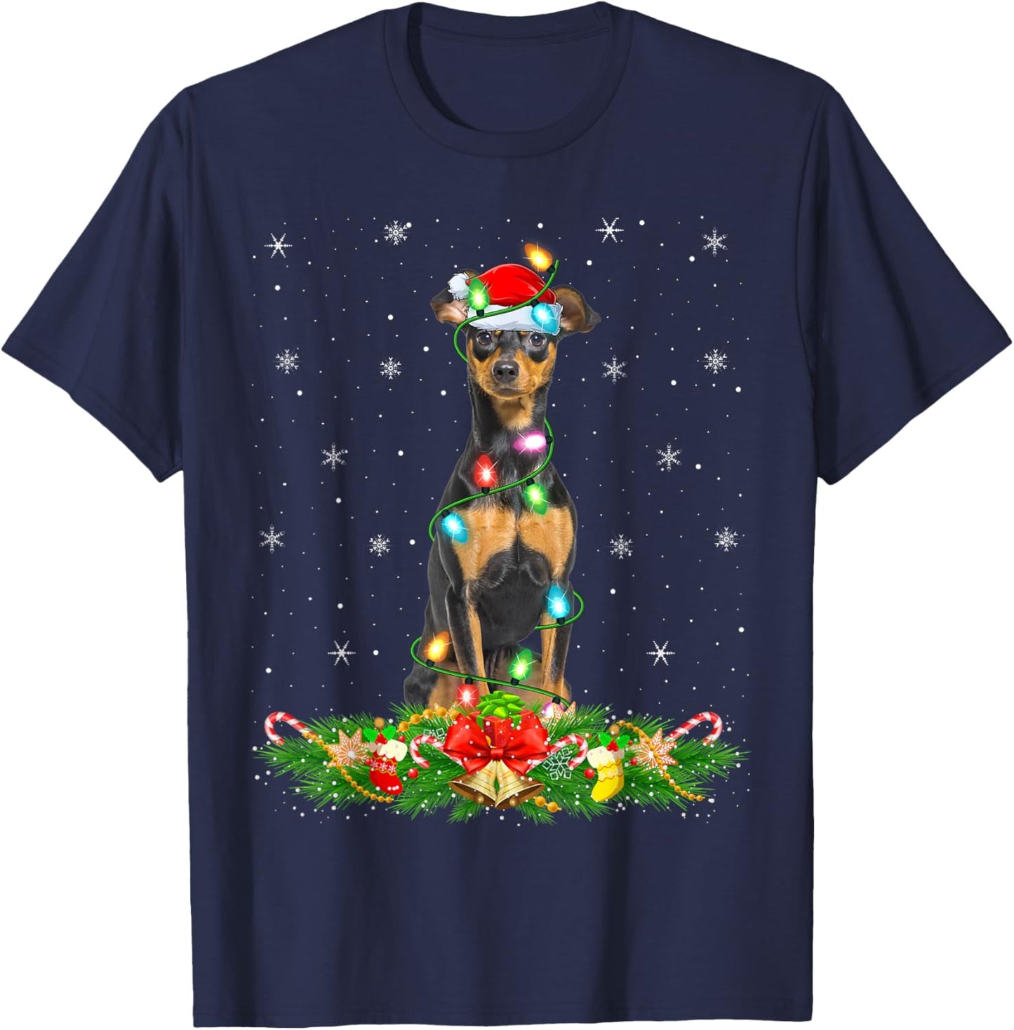 Lighting Xmas Santa Miniature Pinscher Dog Christmas T-Shirt - T-Shirt | Navy