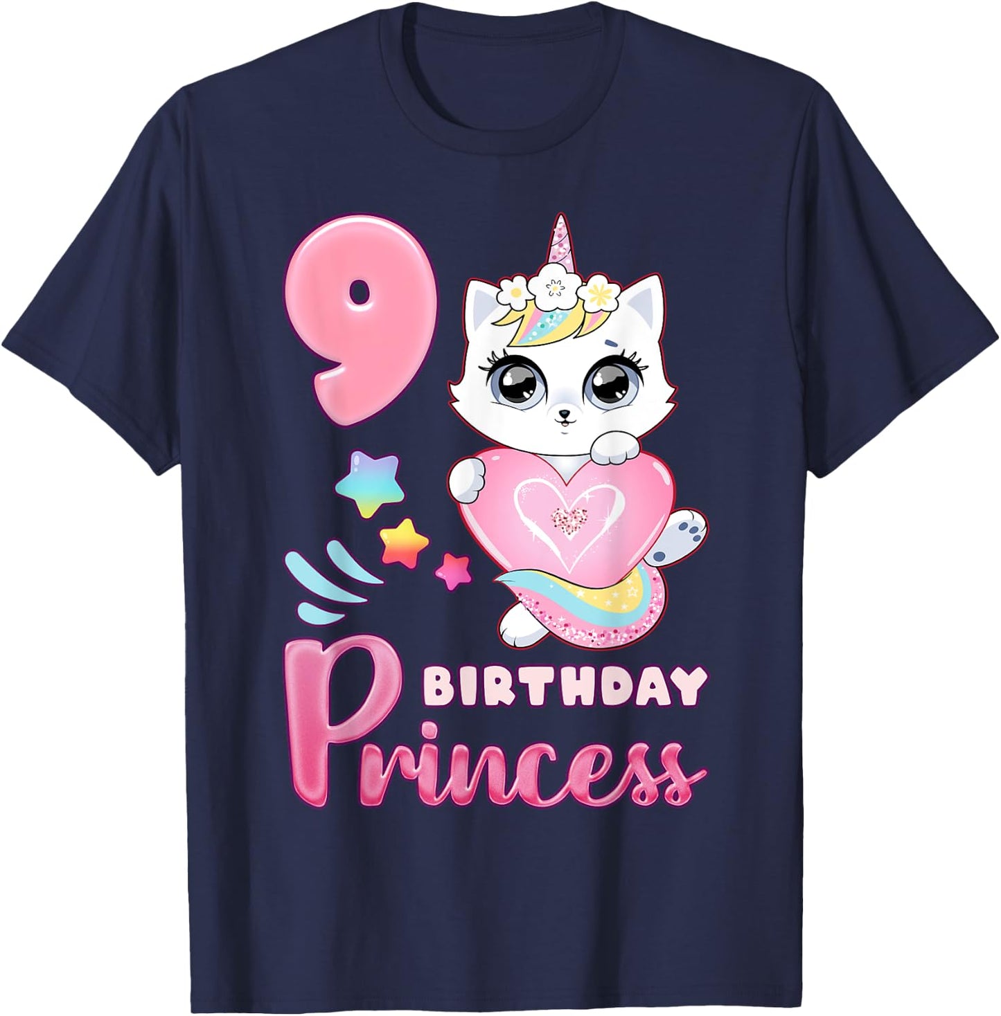 Girl, 9th birthday, unicorn cat, number 9 T-Shirt - T-Shirt | Navy