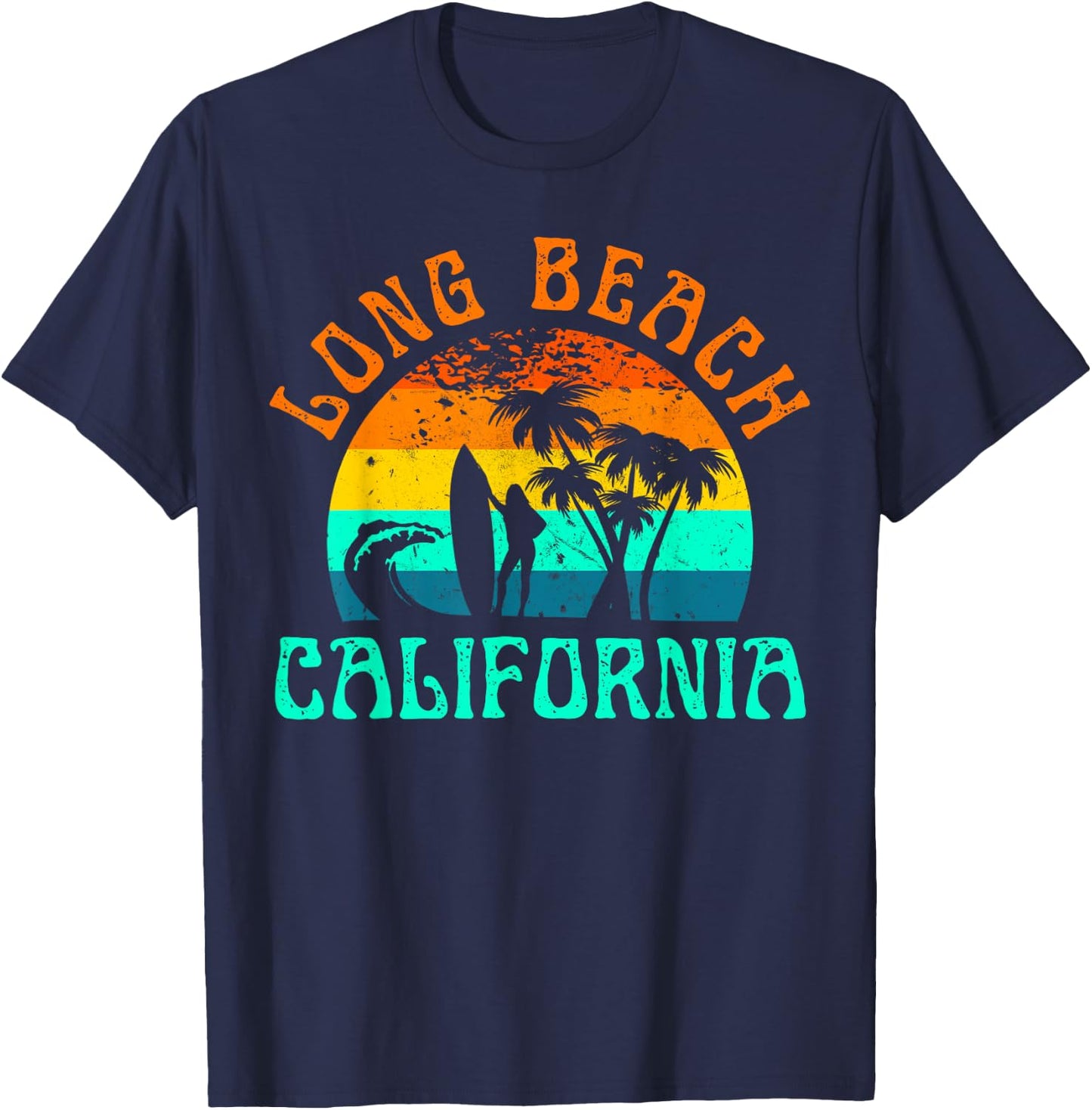 Long Beach California Surf Summer Vacation Girl Vintage T-Shirt - T-Shirt | Navy