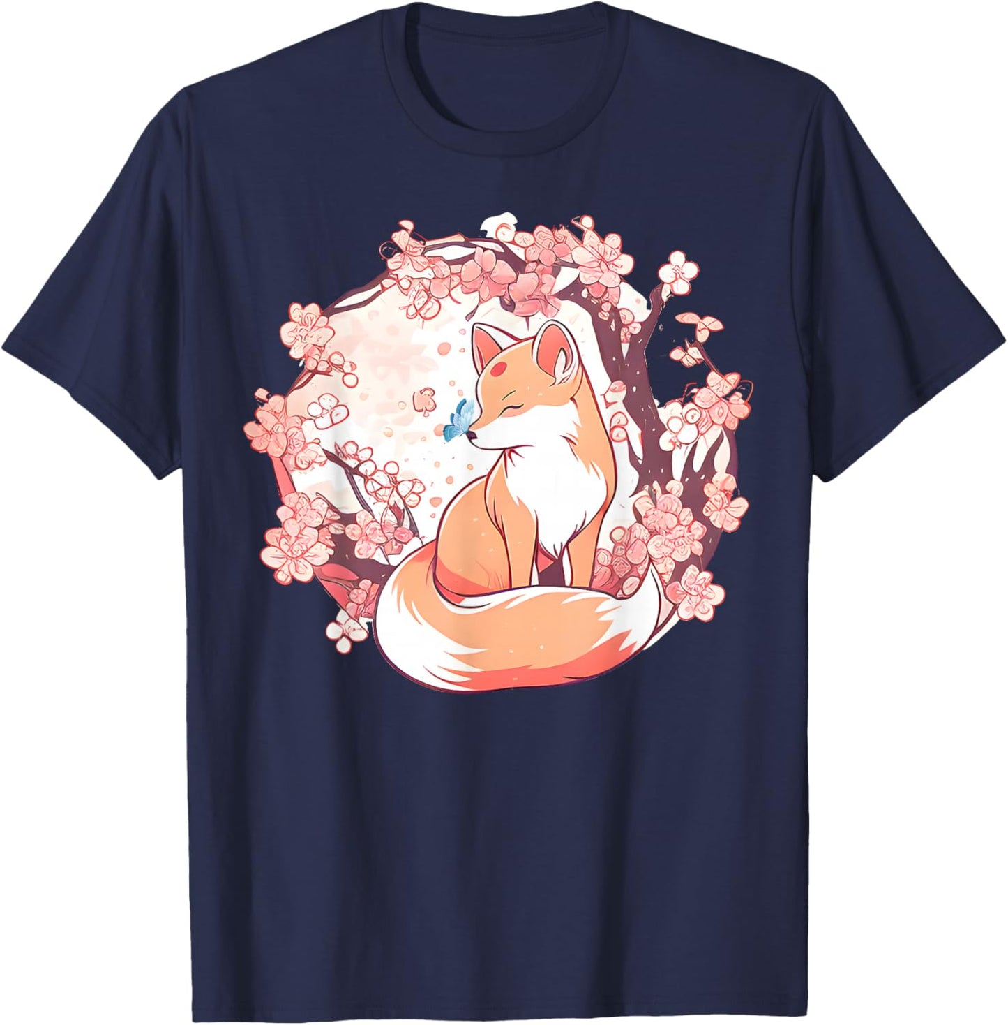 Fox Japanese Cherry Blossom Flower Butterfly Vintage T-Shirt - T-Shirt | Navy