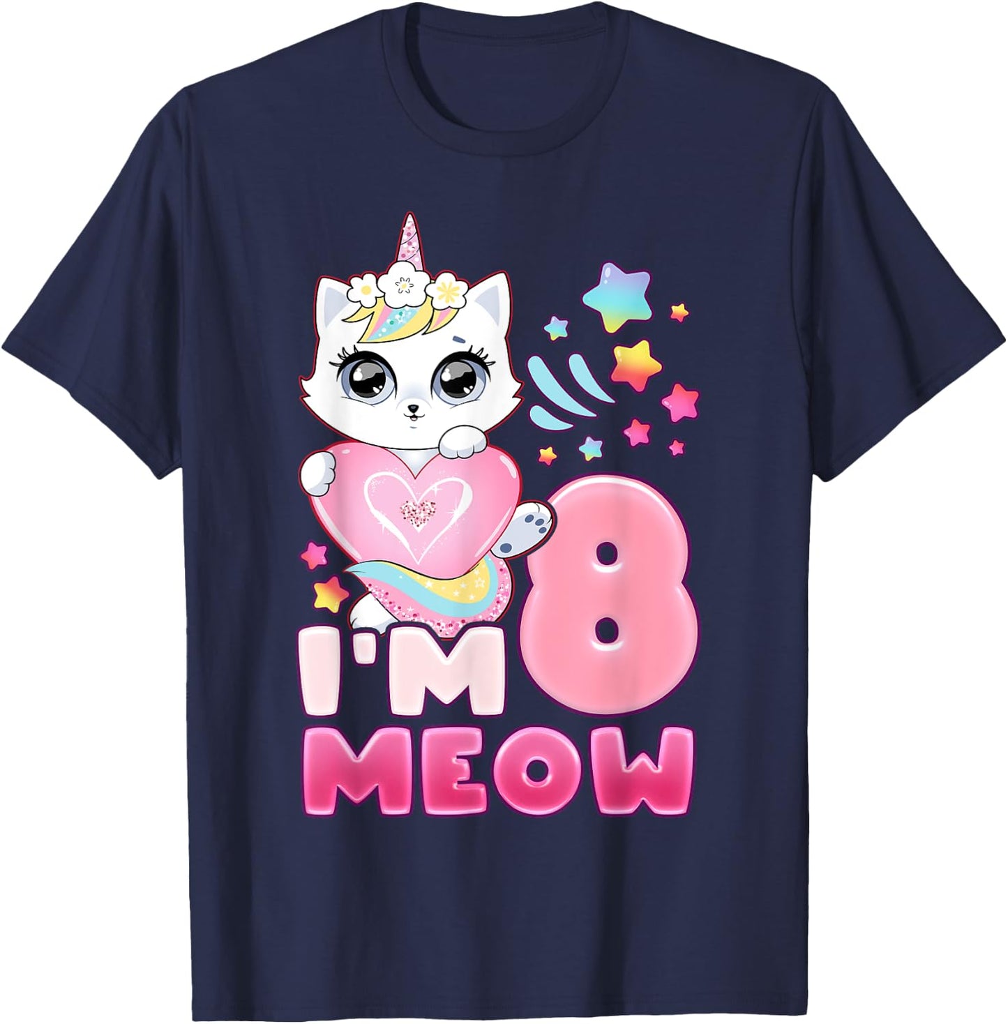 Birthday girl 8 years old, cat, unicorn, 8th birthday T-Shirt - T-Shirt | Navy