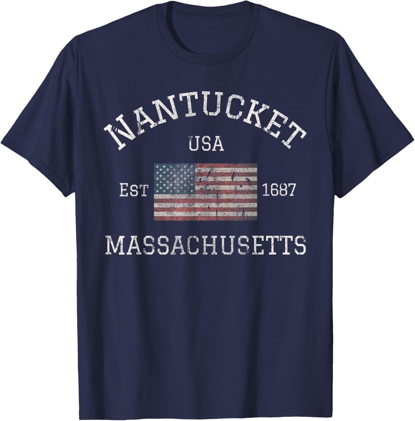 Nantucket Massachusetts American Flag USA Travel Vintage T-Shirt - T-Shirt | Navy