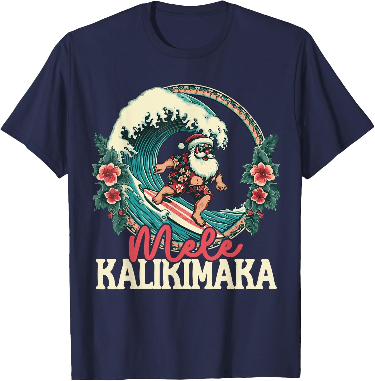 Mele Kalikimaka Santa Surfing Christmas Hawaiian Shaka Wave T-Shirt - T-Shirt | Navy