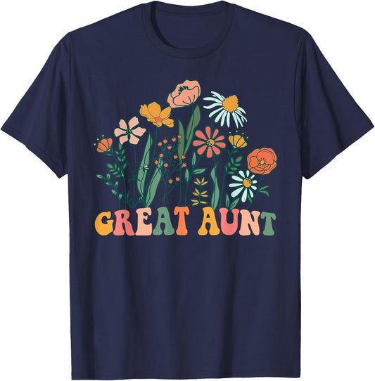 New GREAT AUNT Wildflower First Birthday & Baby Shower T-Shirt - T-Shirt | Navy