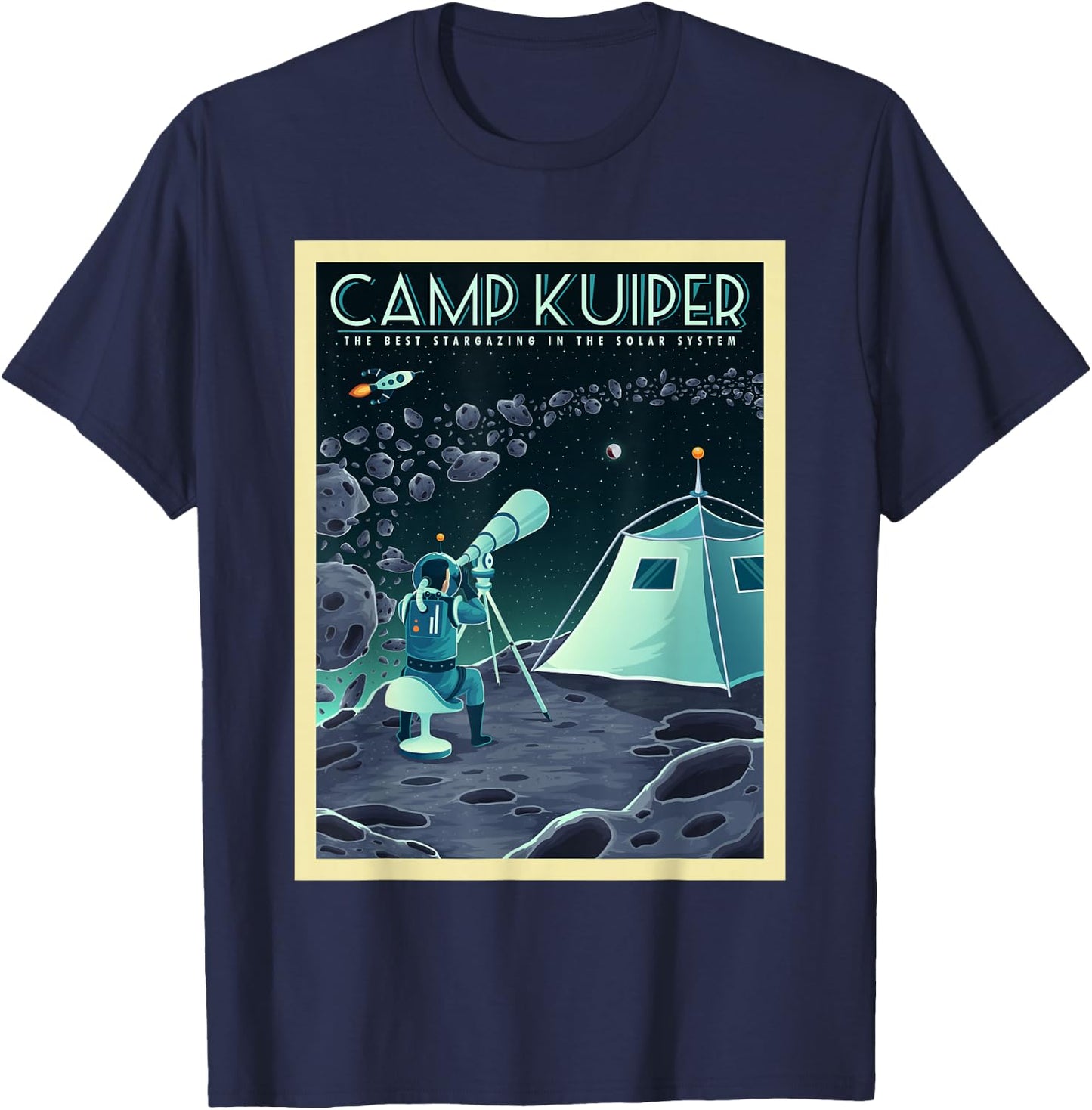 Retro Space Tourism Camp Kuiper Belt Camping Stargazing T-Shirt - T-Shirt | Navy