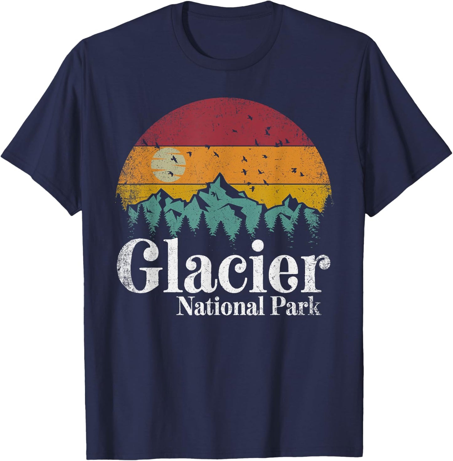 Glacier National Park Mountains Retro Hiking Camping Gift T-Shirt - T-Shirt | Navy