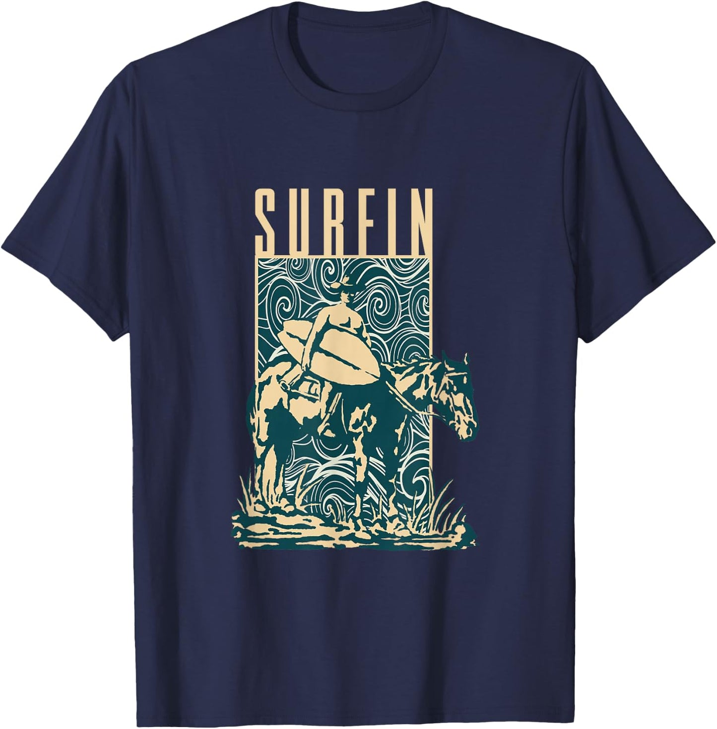 Surfin | Cowboy Cowboy With Surfboard | Surfing Surfer T-Shirt - T-Shirt | Navy