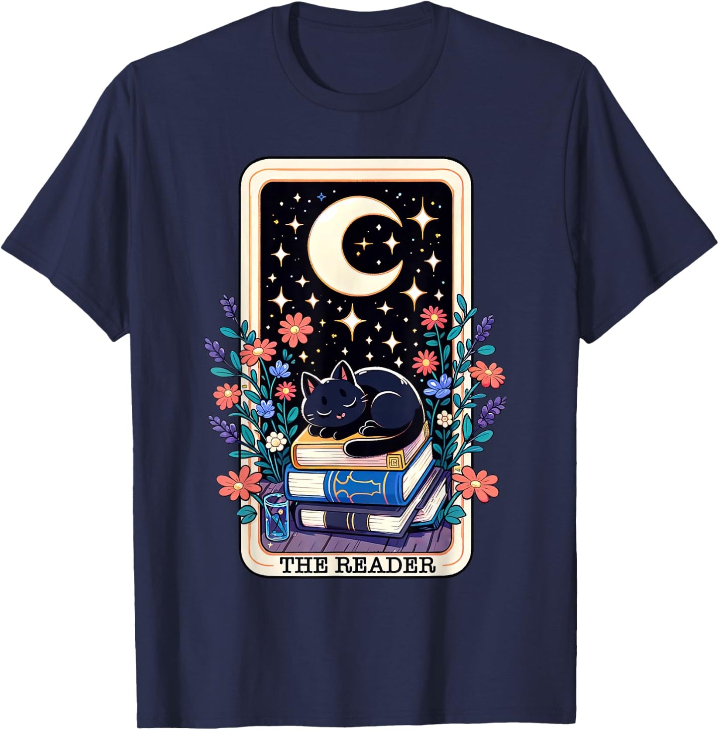The Reader Tarot Card Cute Cat On Books Stack Book Lover Men Women T-Shirt - T-Shirt | Navy
