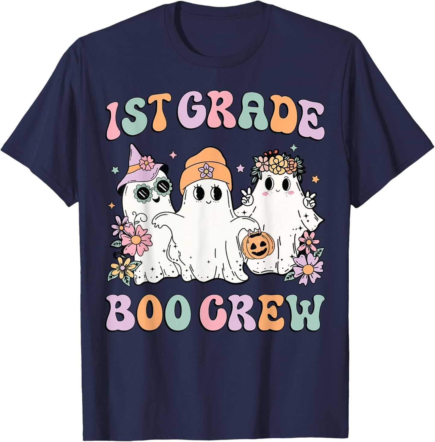 1st Grade Boo Crew Groovy Halloween Floral Ghost Kid Teacher T-Shirt - T-Shirt | Navy