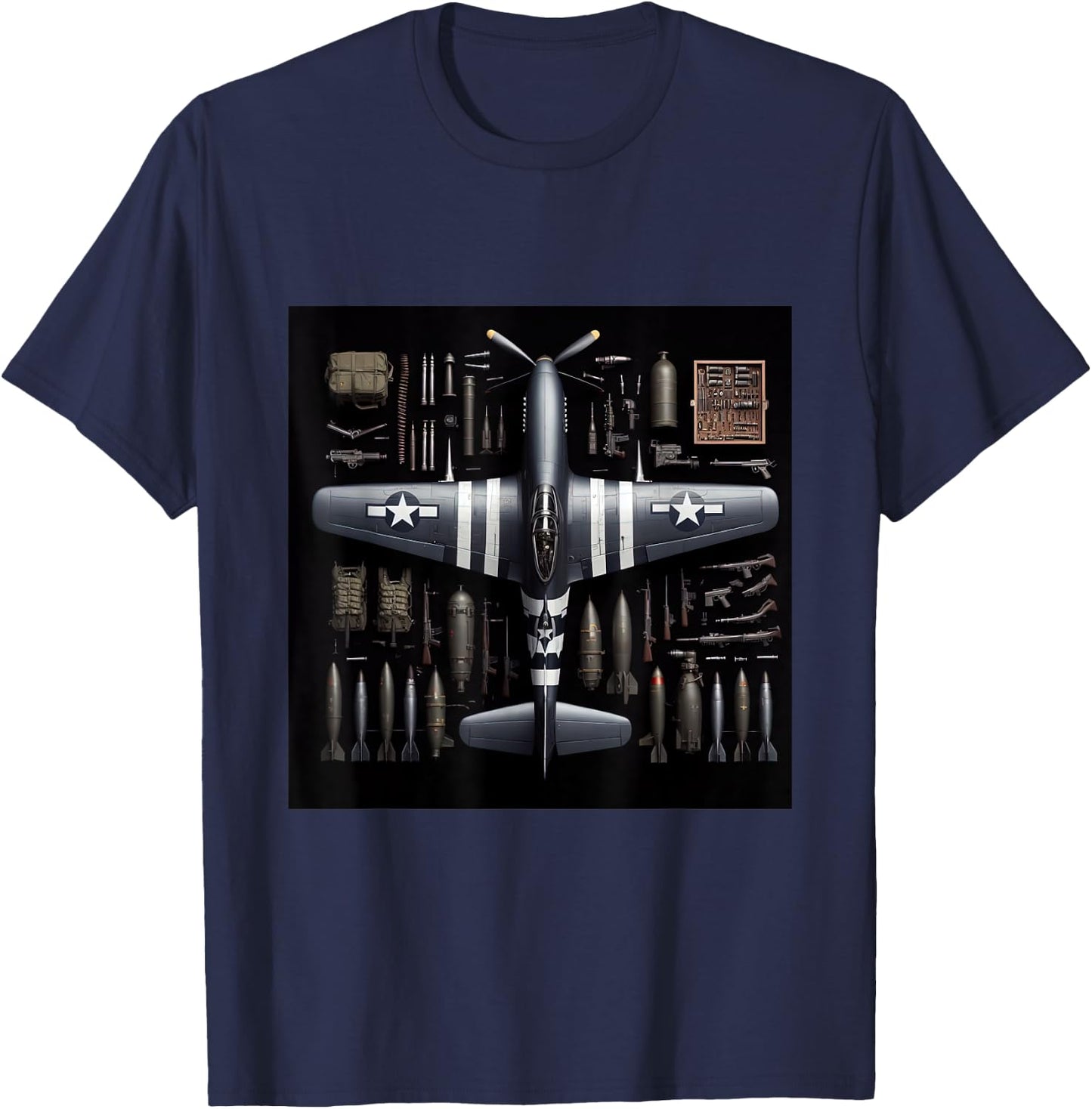 WW2 Warplane P51 Mustang Assembly Parts Blueprint T-Shirt - T-Shirt | Navy