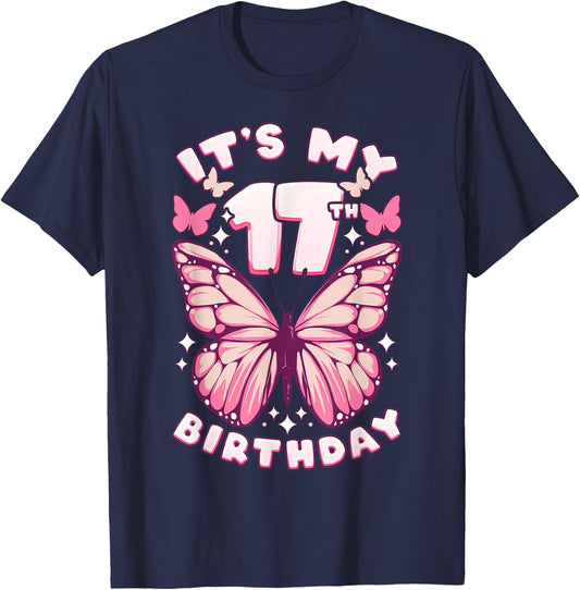 17th Birthday Girl 17 Years Old Butterflies and Number T-Shirt - T-Shirt | Navy