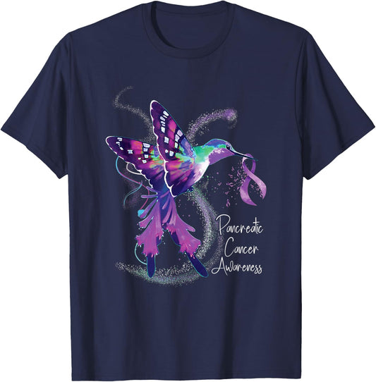 Pancreatic Cancer Awareness Hummingbird Purple Ribbon T-Shirt - T-Shirt | Navy