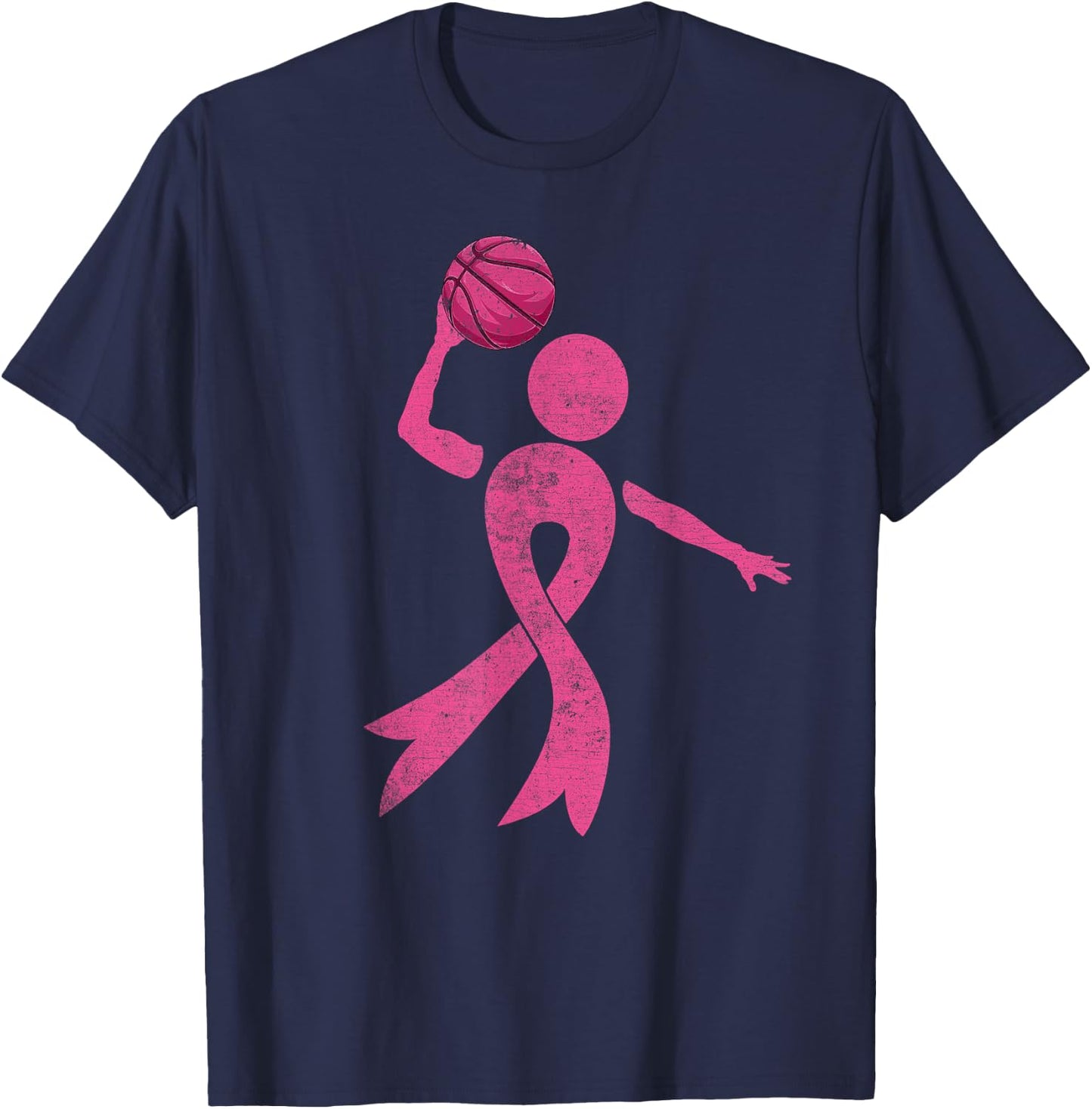 Retro Basketball Pink Ribbon Breast Cancer Awareness Sport T-Shirt - T-Shirt | Navy