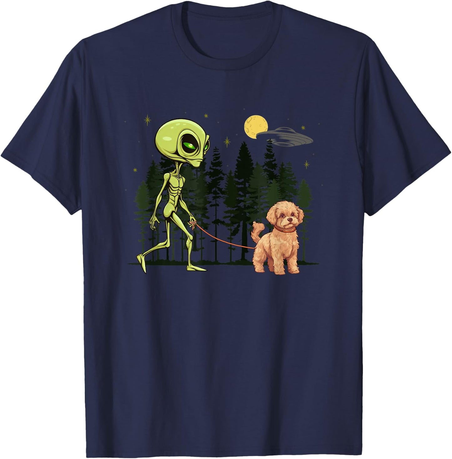 Funny Maltipoo Alien Walking UFO Pet Dog Mom Dad Women Kids T-Shirt - T-Shirt | Navy