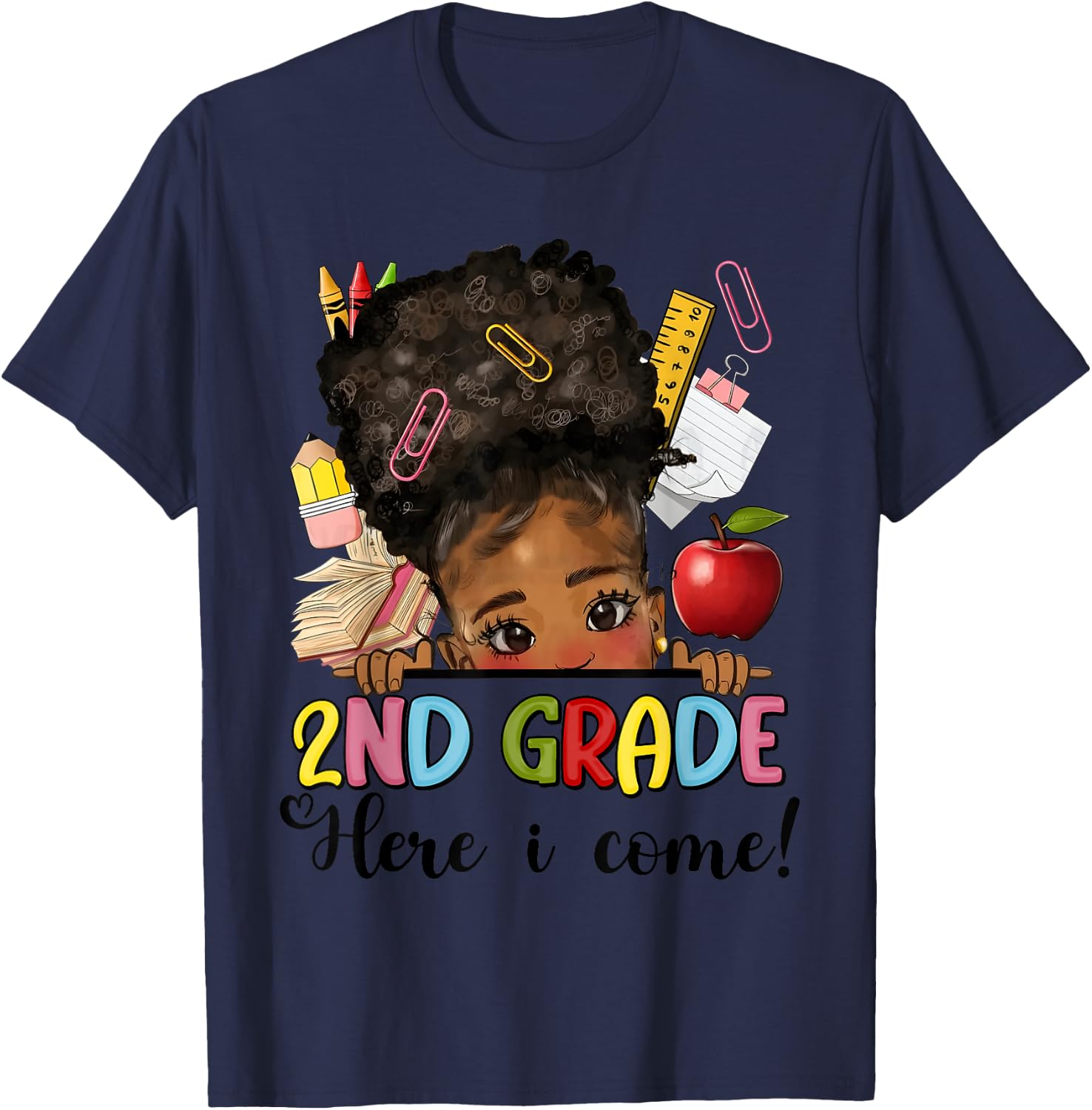 Second Grade Here I come Afro Girl Messy Bun Back to school T-Shirt - T-Shirt | Navy