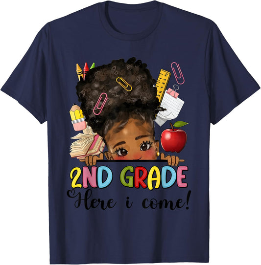 Second Grade Here I come Afro Girl Messy Bun Back to school T-Shirt - T-Shirt | Navy