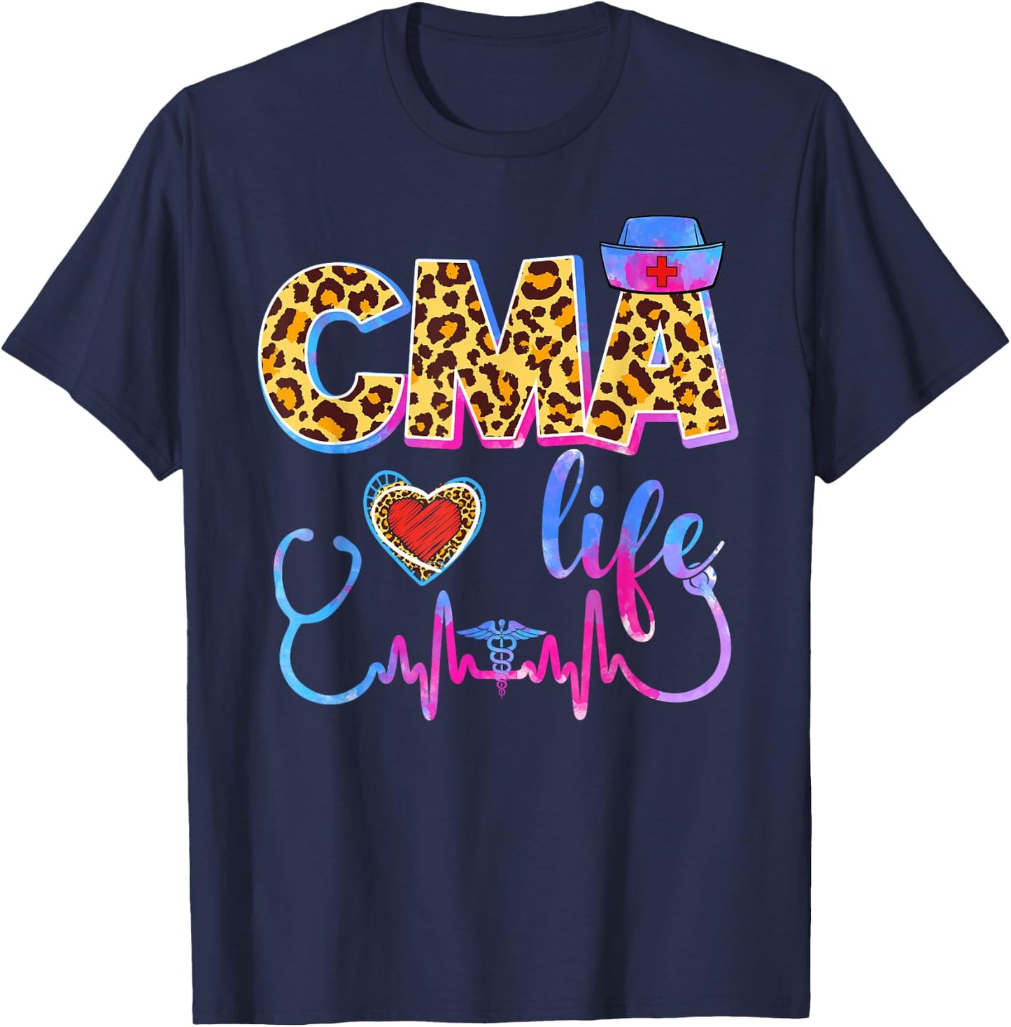 Leopard Tie Dye CMA Life Stethoscope Leopard Nurse Week T-Shirt - T-Shirt | Navy