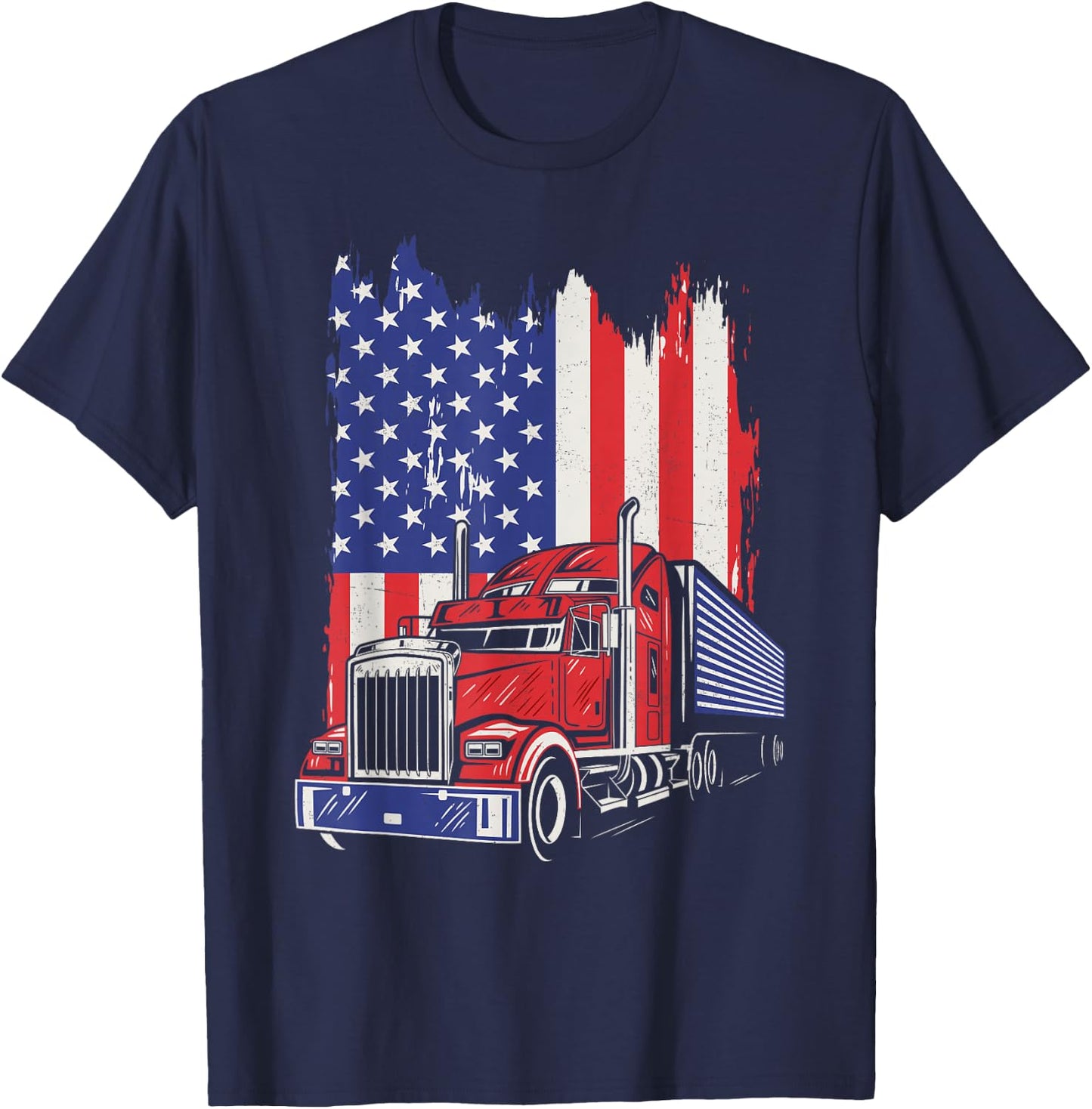 Trucker American Flag Truck Driver 18 Wheeler 4th of July T-Shirt - T-Shirt | Navy