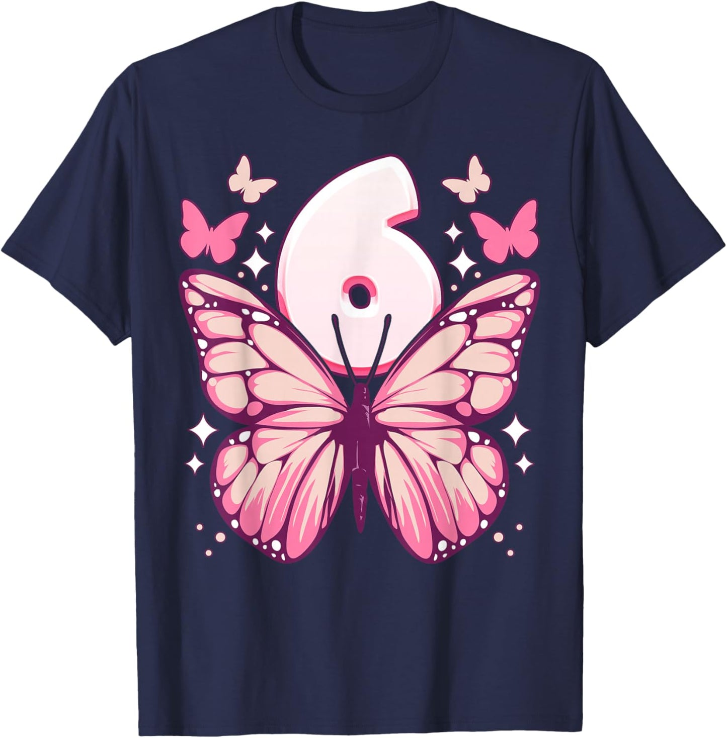 Birthday Girl 6 Years, Butterflies and Number 6 T-Shirt - T-Shirt | Navy