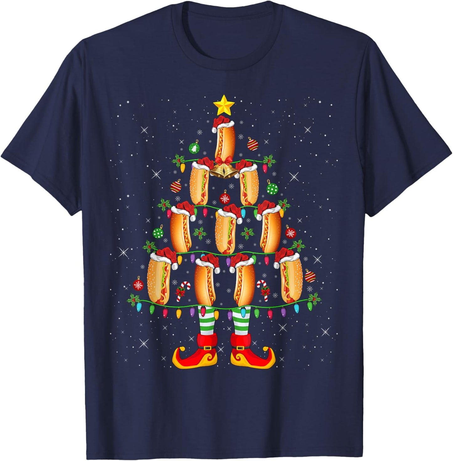 Hot Dog Lover Xmas Holiday Lighting Hot Dog Christmas Tree Women Kids T-Shirt - T-Shirt | Navy