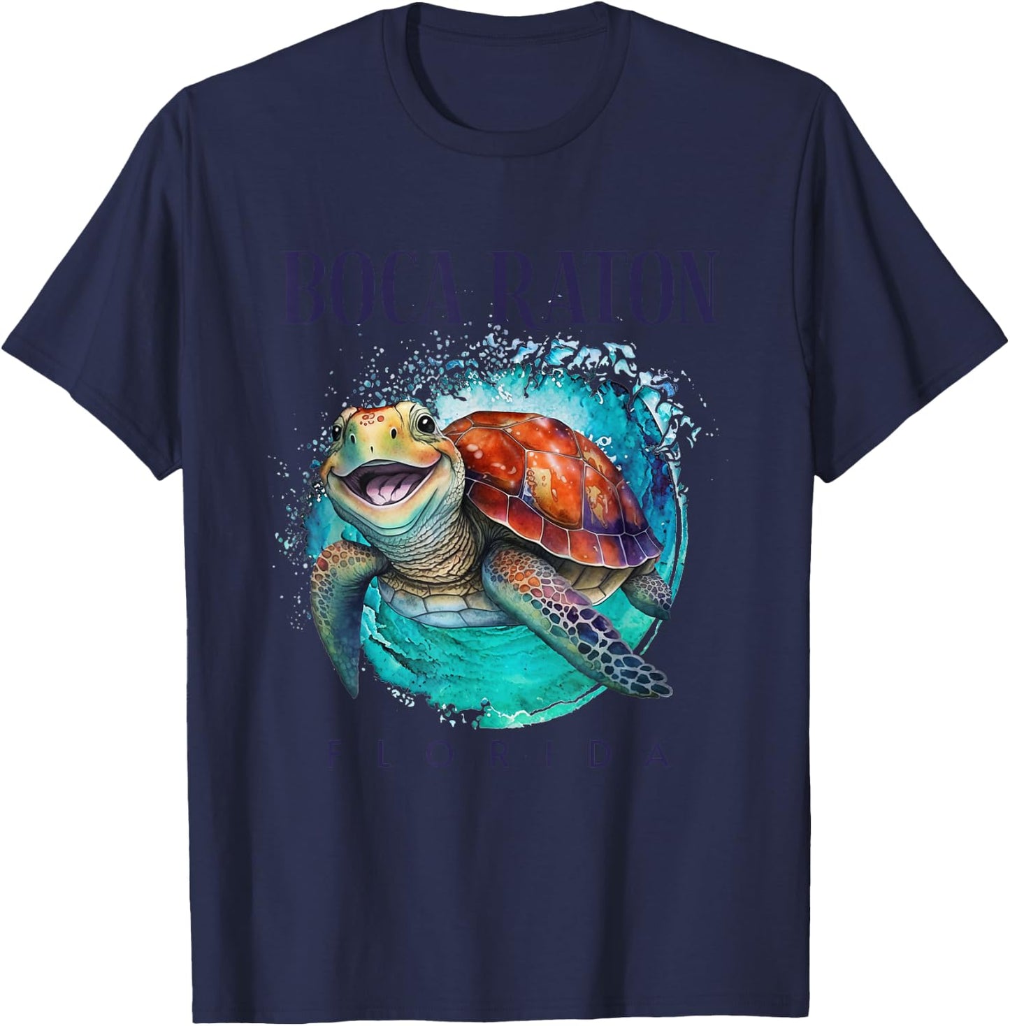 Boca Raton Florida Watercolor Happy Sea Turtle T-Shirt - T-Shirt | Navy