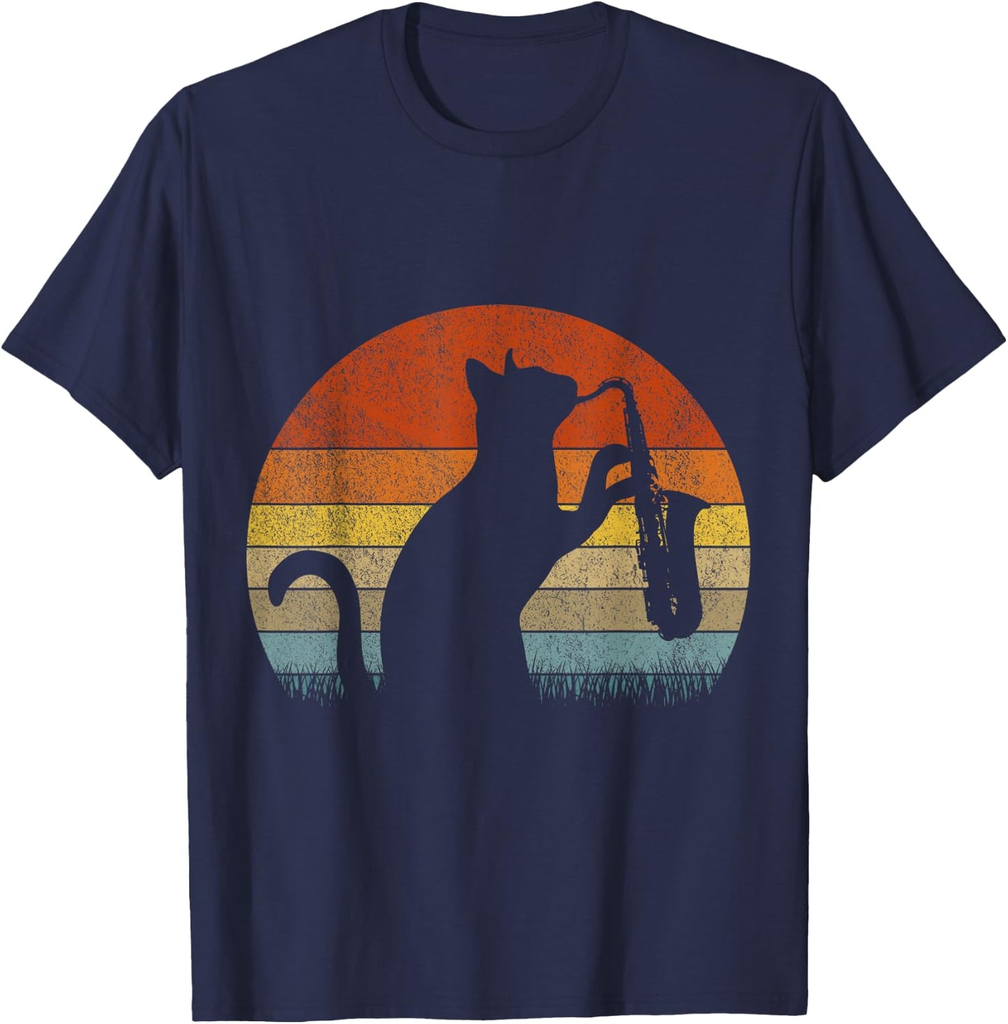 Funny Saxophone Cat Musician Jazz Music Lover Retro Vintage T-Shirt - T-Shirt | Navy