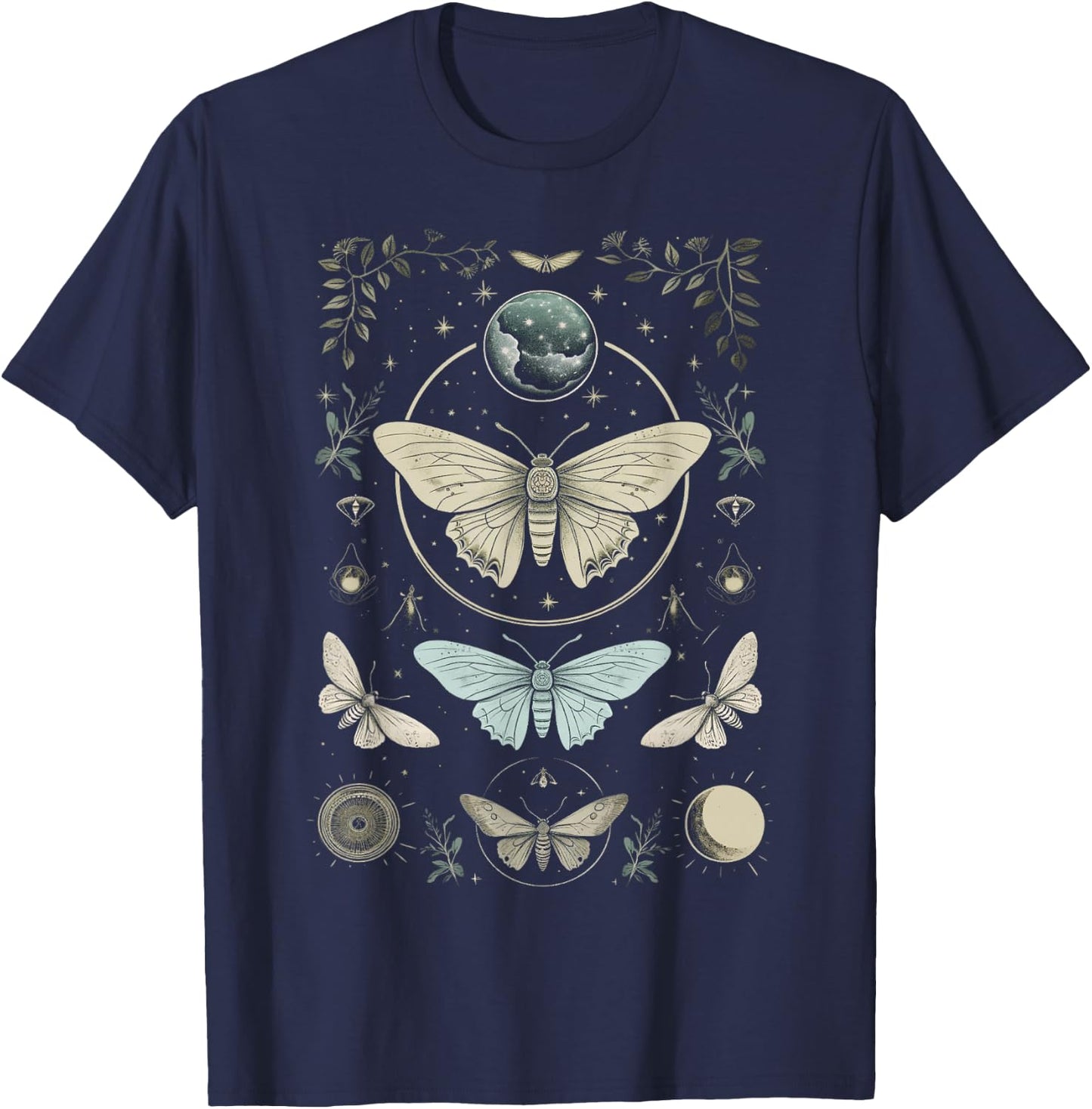 Forest Witch Moth And Moons Folkloric Wiccan Nature Goth T-Shirt - T-Shirt | Navy