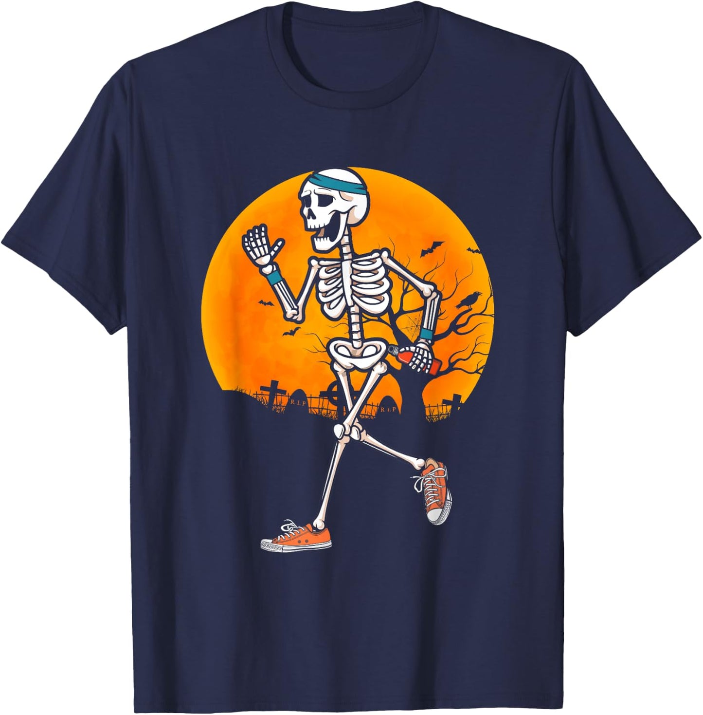 Funny Running Skeleton Halloween Sport Runner Marathon T-Shirt - T-Shirt | Navy