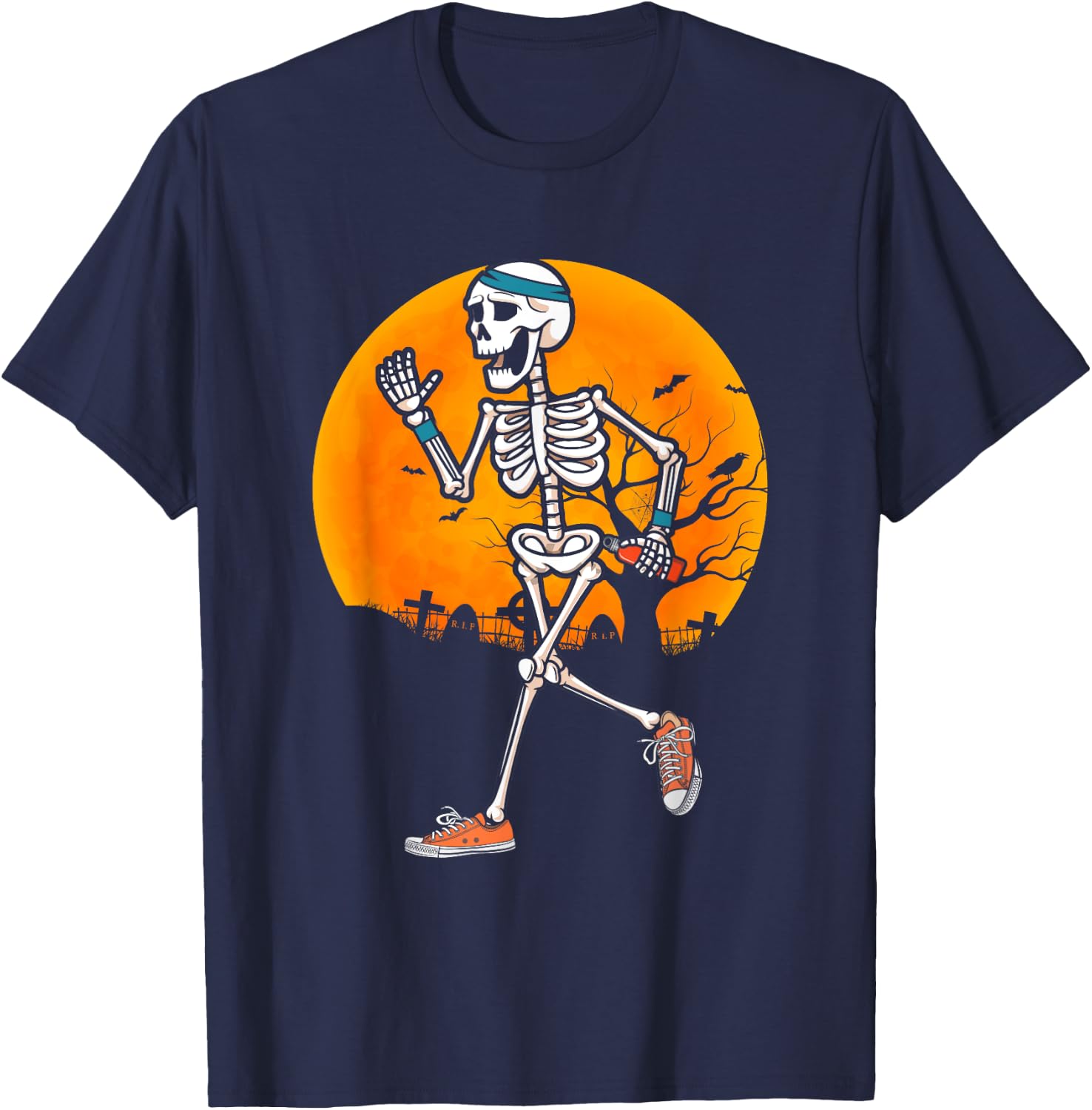 Funny Running Skeleton Halloween Sport Runner Marathon T-Shirt - T-Shirt | Navy