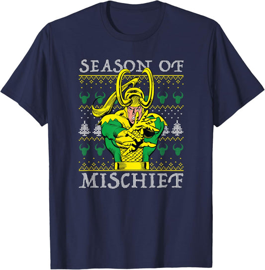 Marvel Christmas Loki Season Of Mischief Ugly Sweater T-Shirt - T-Shirt | Navy