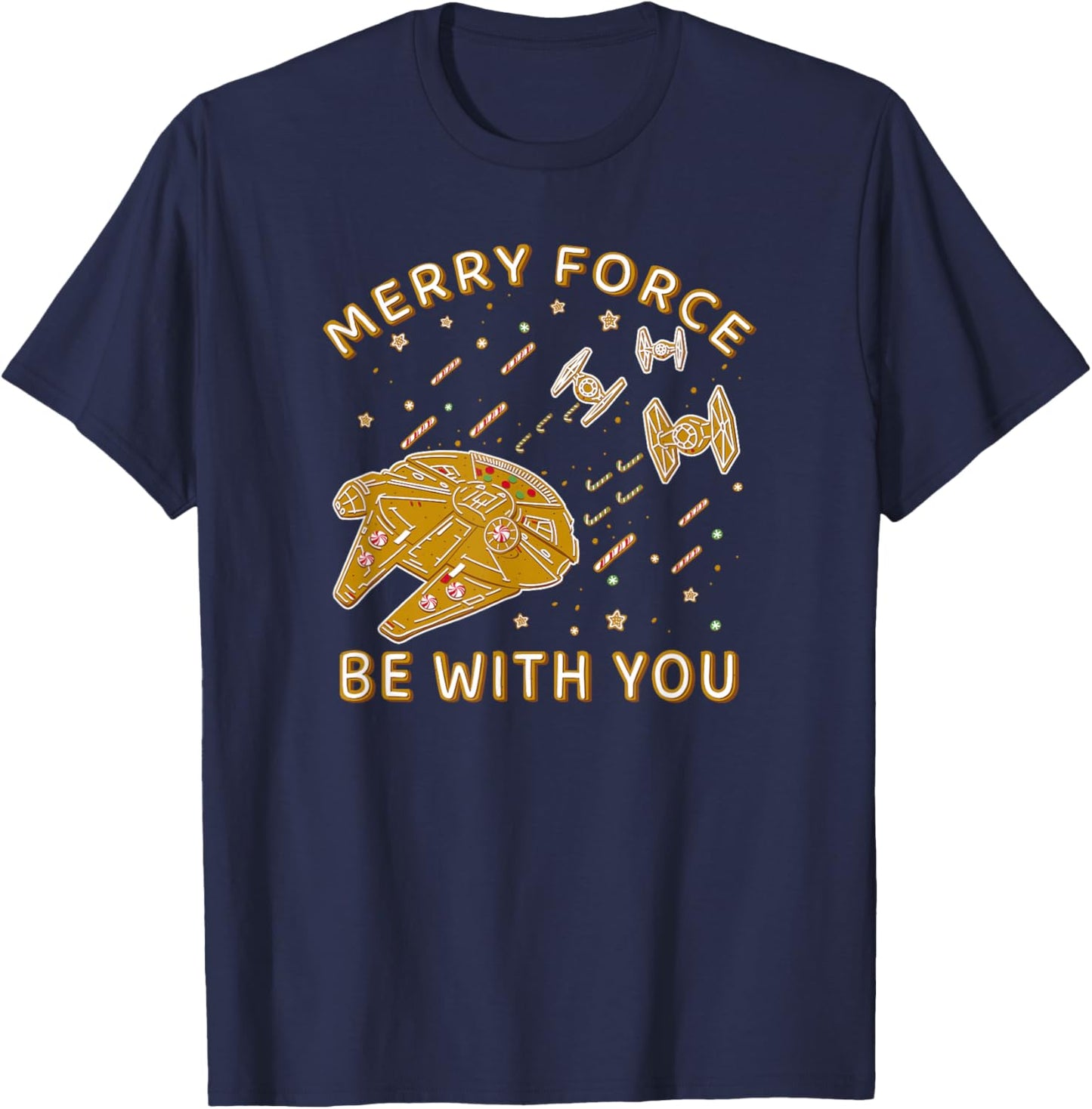 Star Wars Christmas Merry Force Be With You Gingerbread Ship T-Shirt - T-Shirt | Navy
