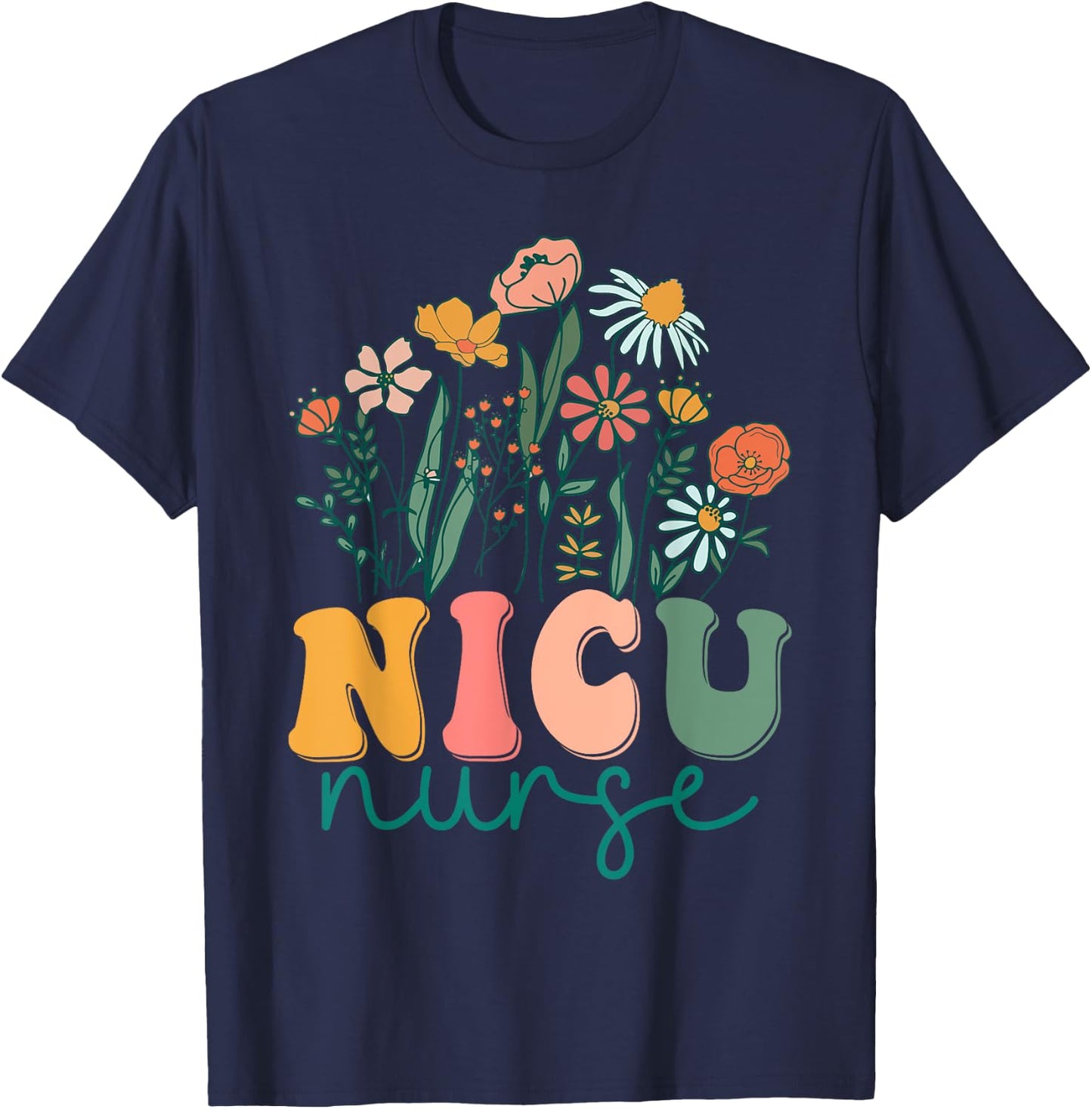Groovy Wildflower Nicu Nurse T-Shirt - T-Shirt | Navy