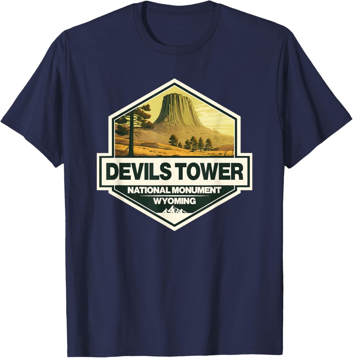 Devils Tower National Monument Wyoming Travel Art Badge T-Shirt - T-Shirt | Navy