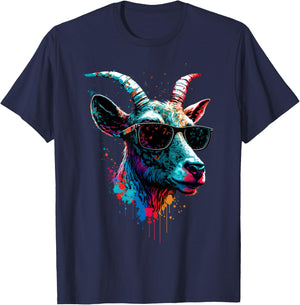 Goat In Sunglasses Abstract Print Rainbow Music Goat T-Shirt - T-Shirt | Navy