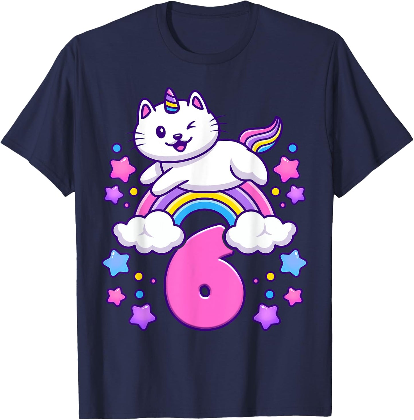 Birthday girl 6 years old, cat, unicorn, 6th birthday T-Shirt - T-Shirt | Navy