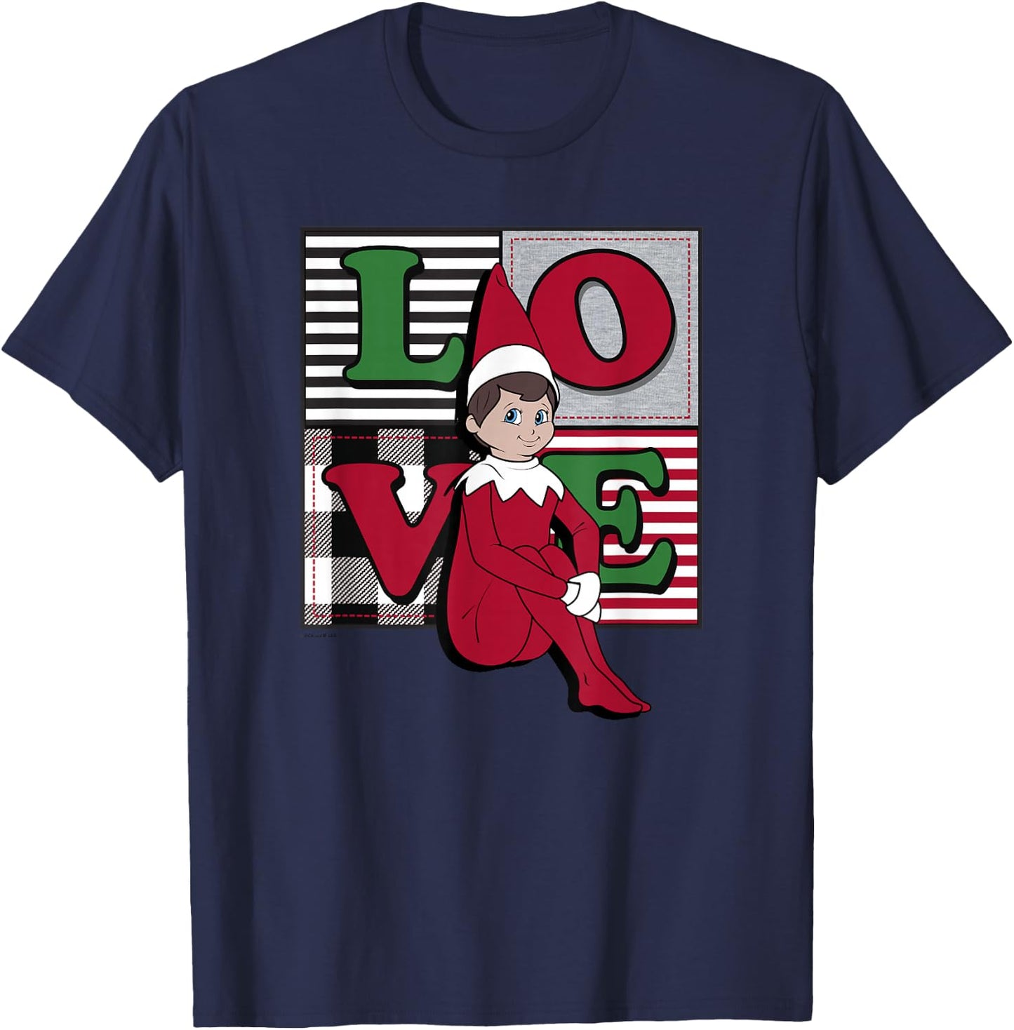 Elf on The Shelf Christmas Love Stacked Plaid Squares Logo T-Shirt - T-Shirt | Navy