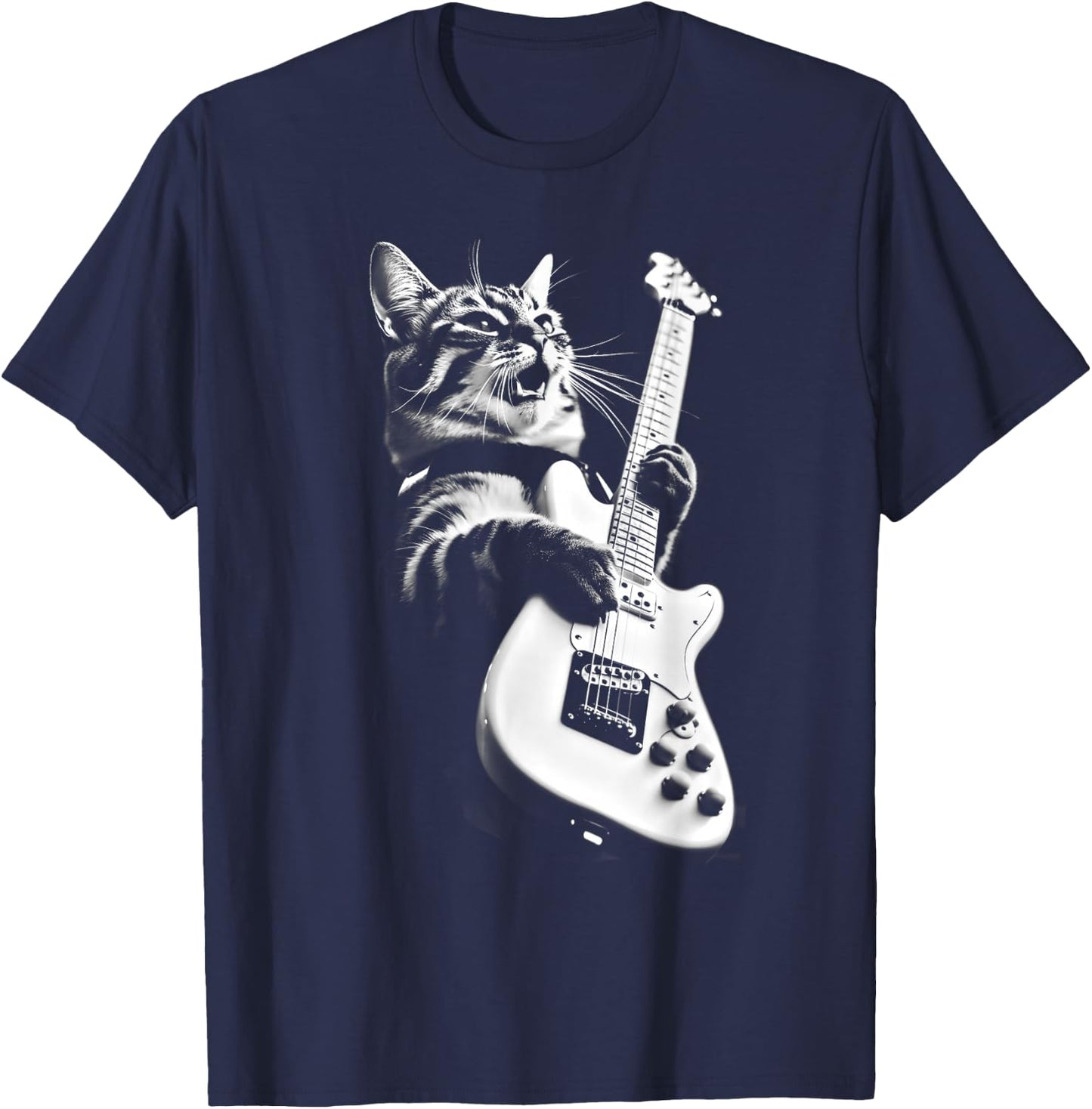 Rock Cat Playing Guitar - Funny Guitar Cat Small T-Shirt - T-Shirt | Navy
