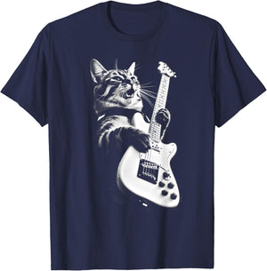 Rock Cat Playing Guitar - Funny Guitar Cat Small T-Shirt - T-Shirt | Navy