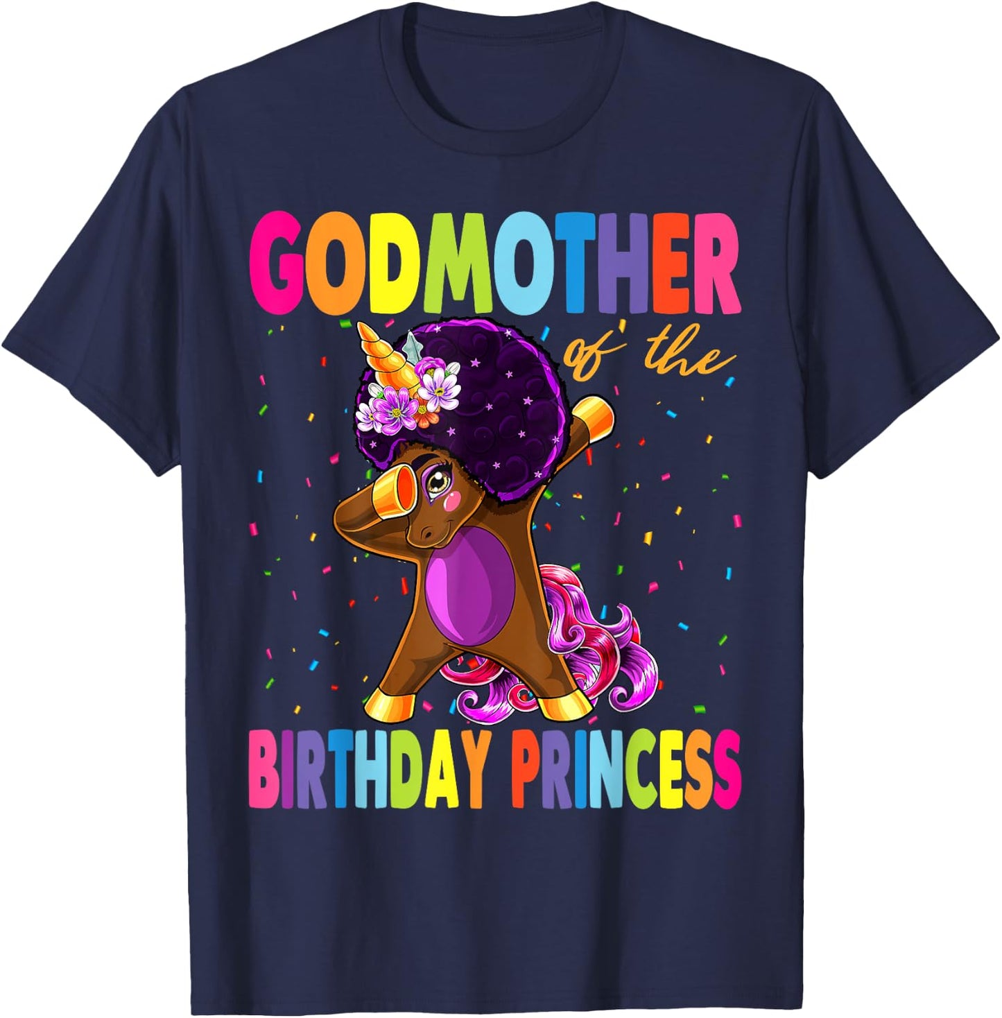 Dabbing Unicorn Afro GodMother of the Birthday Princess T-Shirt - T-Shirt | Navy