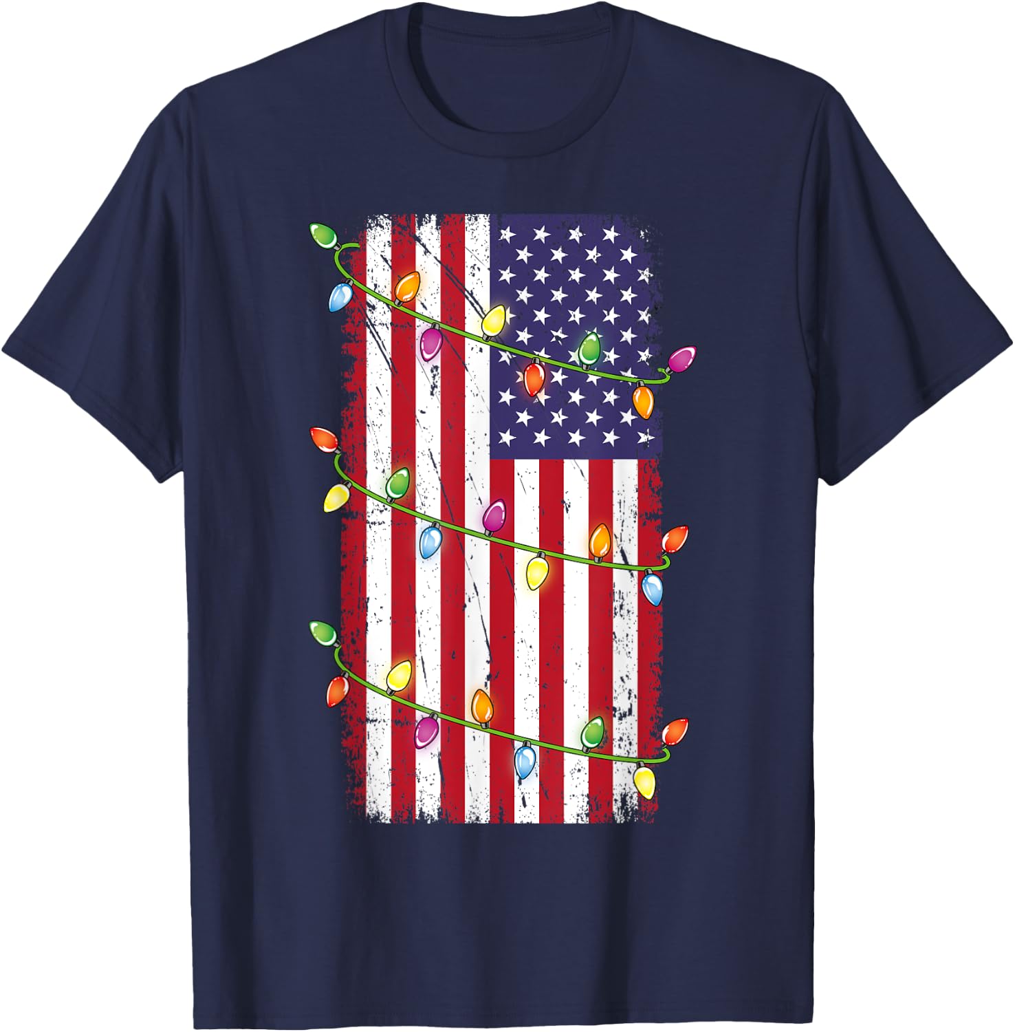 Christmas Lights USA Flag Shirt Patriotic Veteran Christmas T-Shirt - T-Shirt | Navy